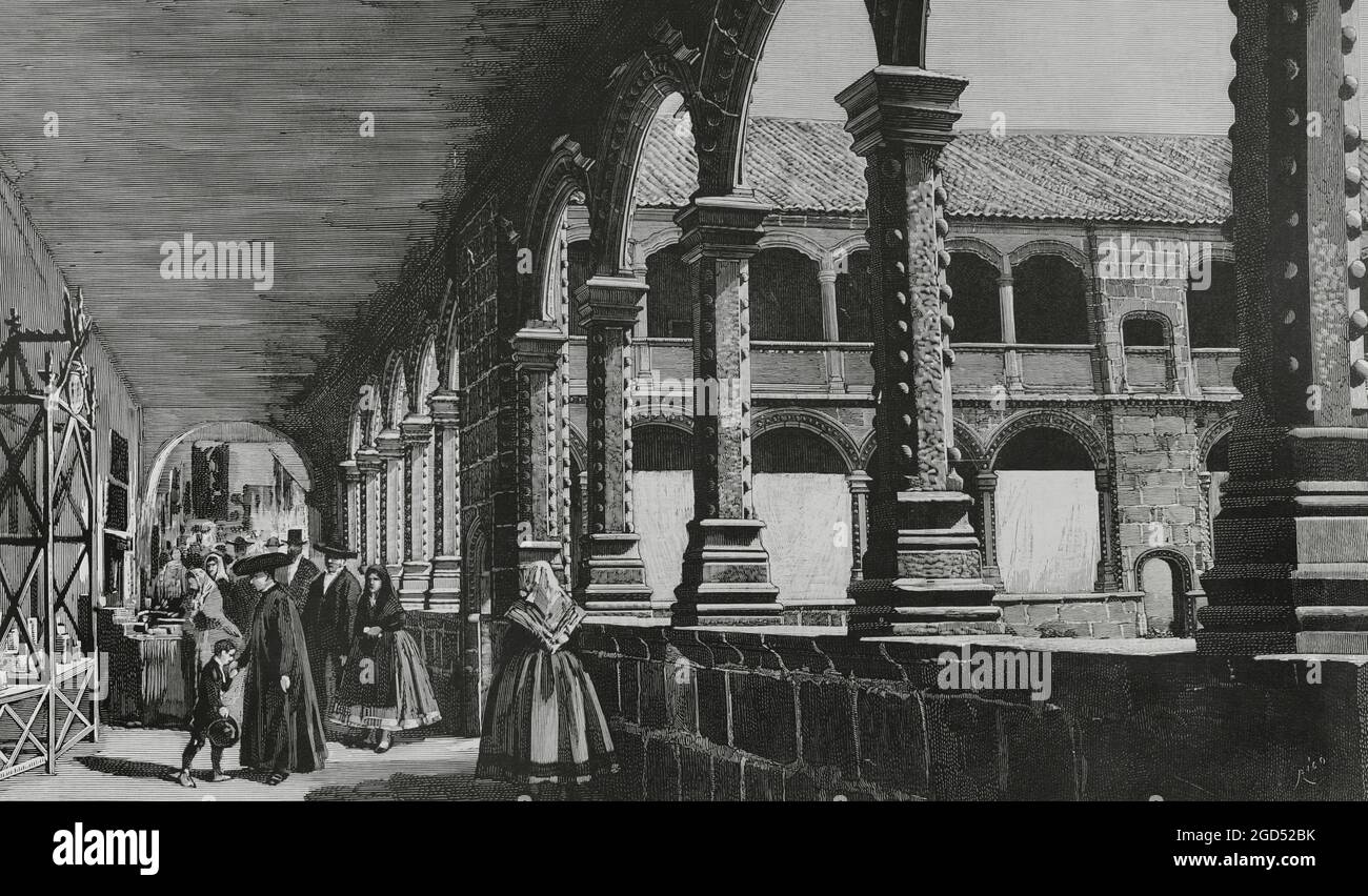 Spanien, Avila. Das Kloster der Könige, im Kloster von Santo Tomás, wo die Landwirtschaftsausstellung stattfand. Zeichnung von Juan Comba. Gravur von Rico. La Ilustración Española y Americana, 1882. Stockfoto