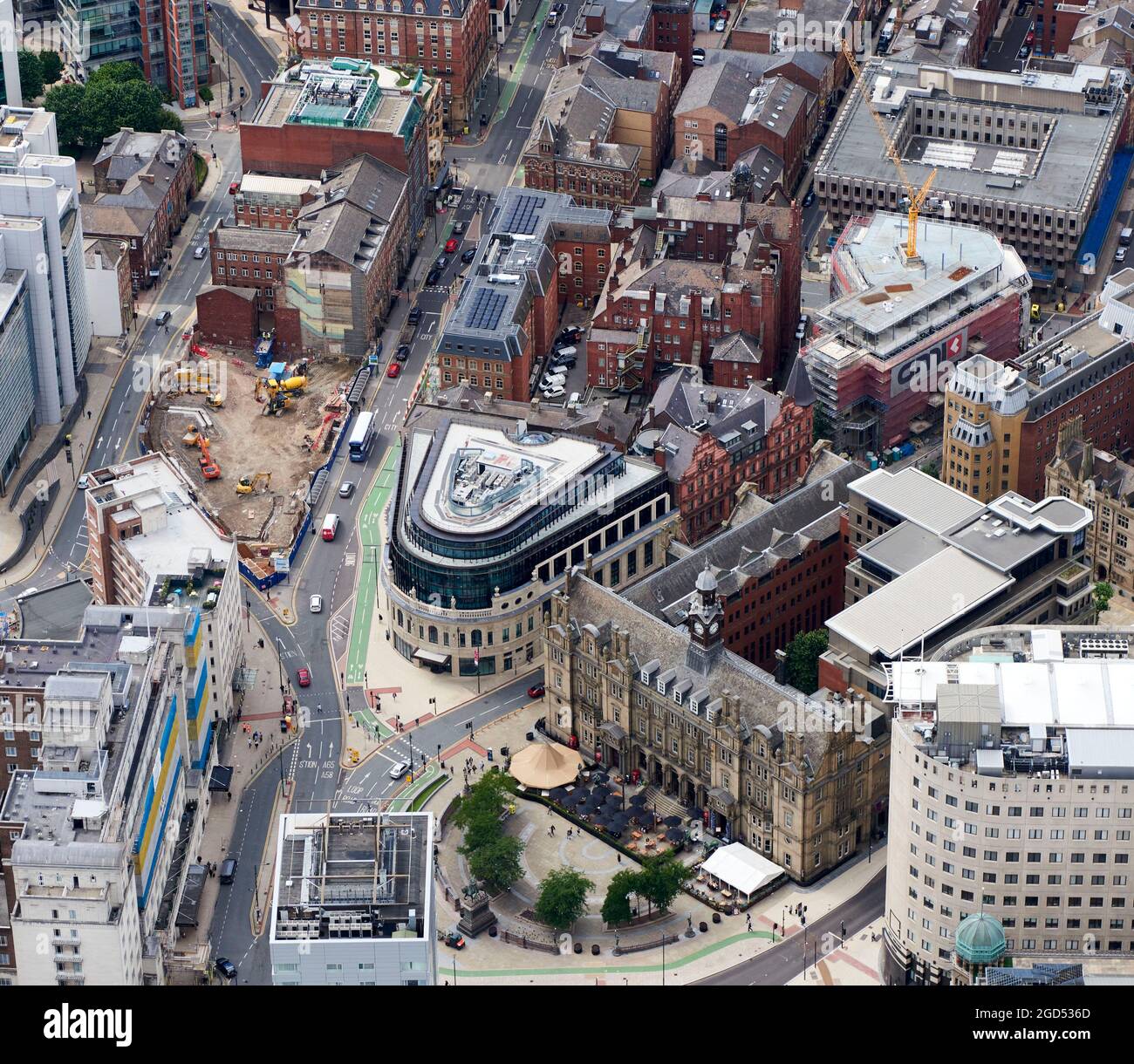 Eine Luftaufnahme des neuen Channel 4 Head Quarters, Leeds City Center Business District, West Yorkshire, Nordengland, Großbritannien Stockfoto