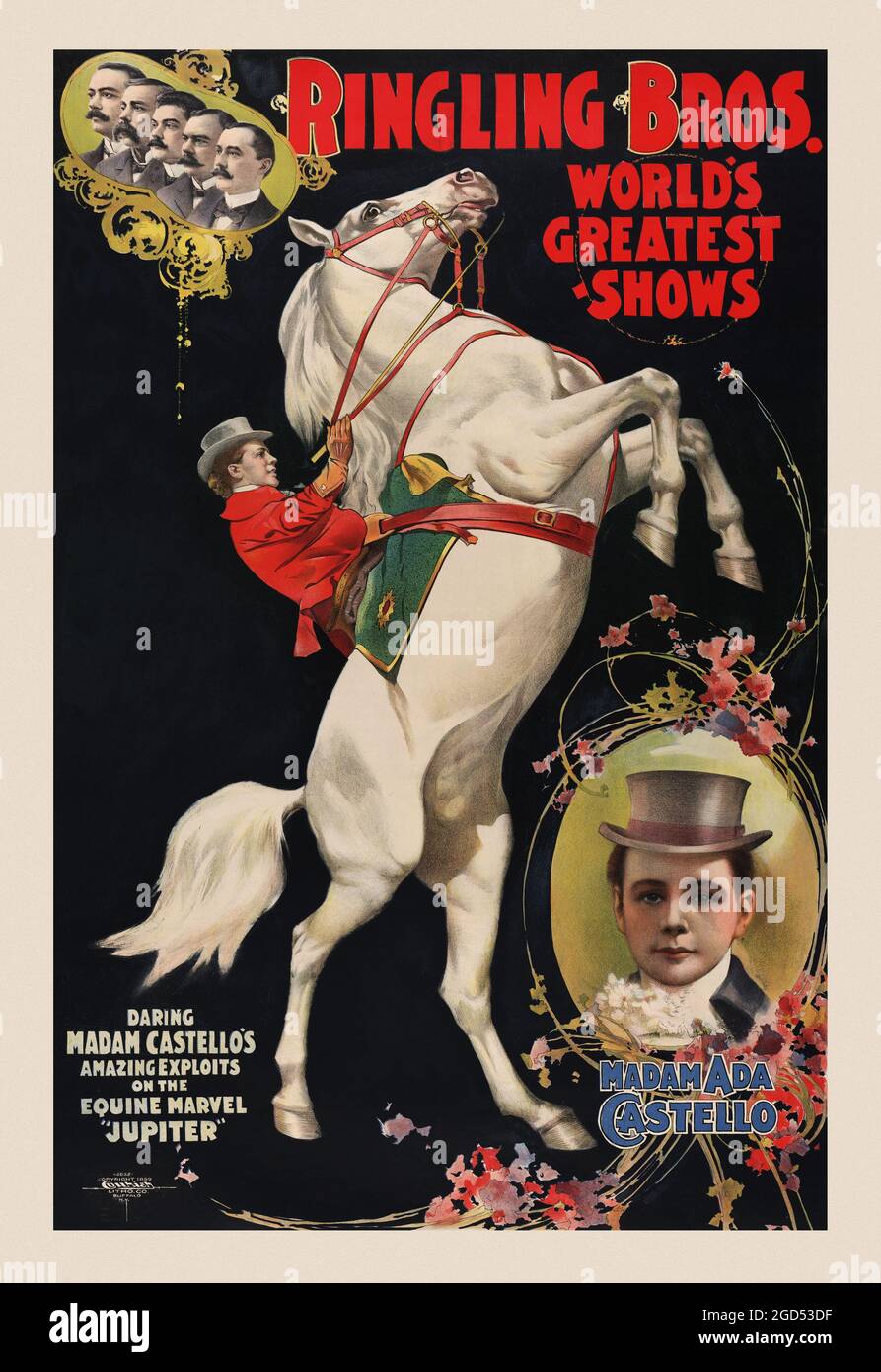Vintage Circus Poster - Ringling Bros. Die größten Shows der Welt - Madam Ada Castello und Jupiter, Poster für Ringling Brothers, ca. 1899. Stockfoto