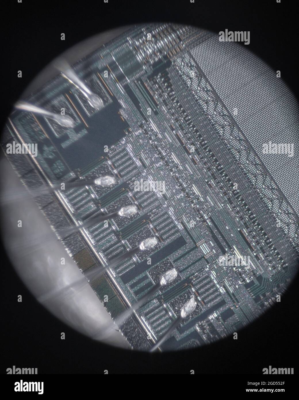 Mikrofotografie der internen Verkabelung und des Matrizenbildschirms von Texas Instruments TMS 2532A-45JL UV Eprom. Aufgenommen durch ein 10-faches Standard-Mikroskop-Objektiv. SIEHE HINWEISE Stockfoto