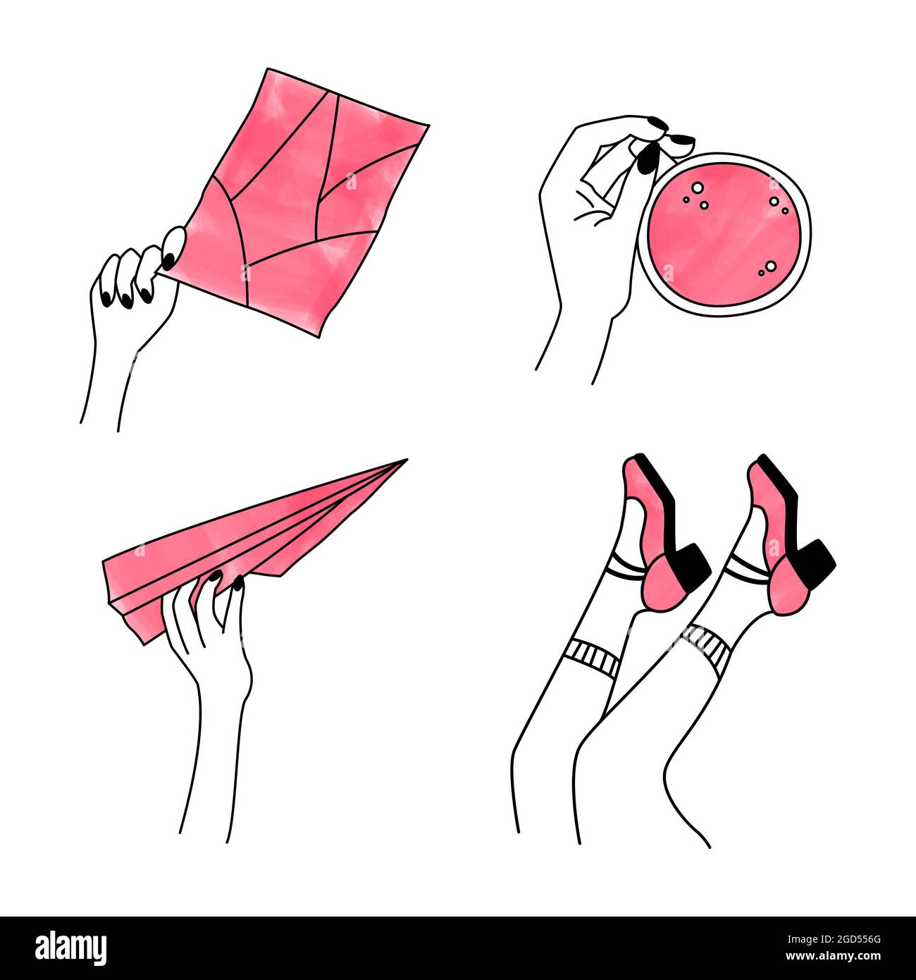 Fashion Set von linearen Ikonen von Händen und Füßen. Cliparts, Elemente, Objekte für die Gestaltung von Aufklebern, Logos, Etiketten, Emblemen. Hand mit einer Tasse Stock Vektor