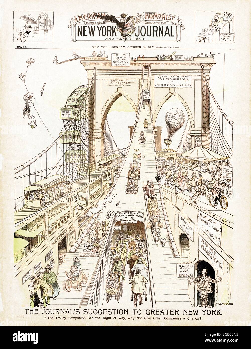 Cover des New York Journal okt. 24 1897 feat. Die Brooklyn Bridge. Abbildung. Stockfoto