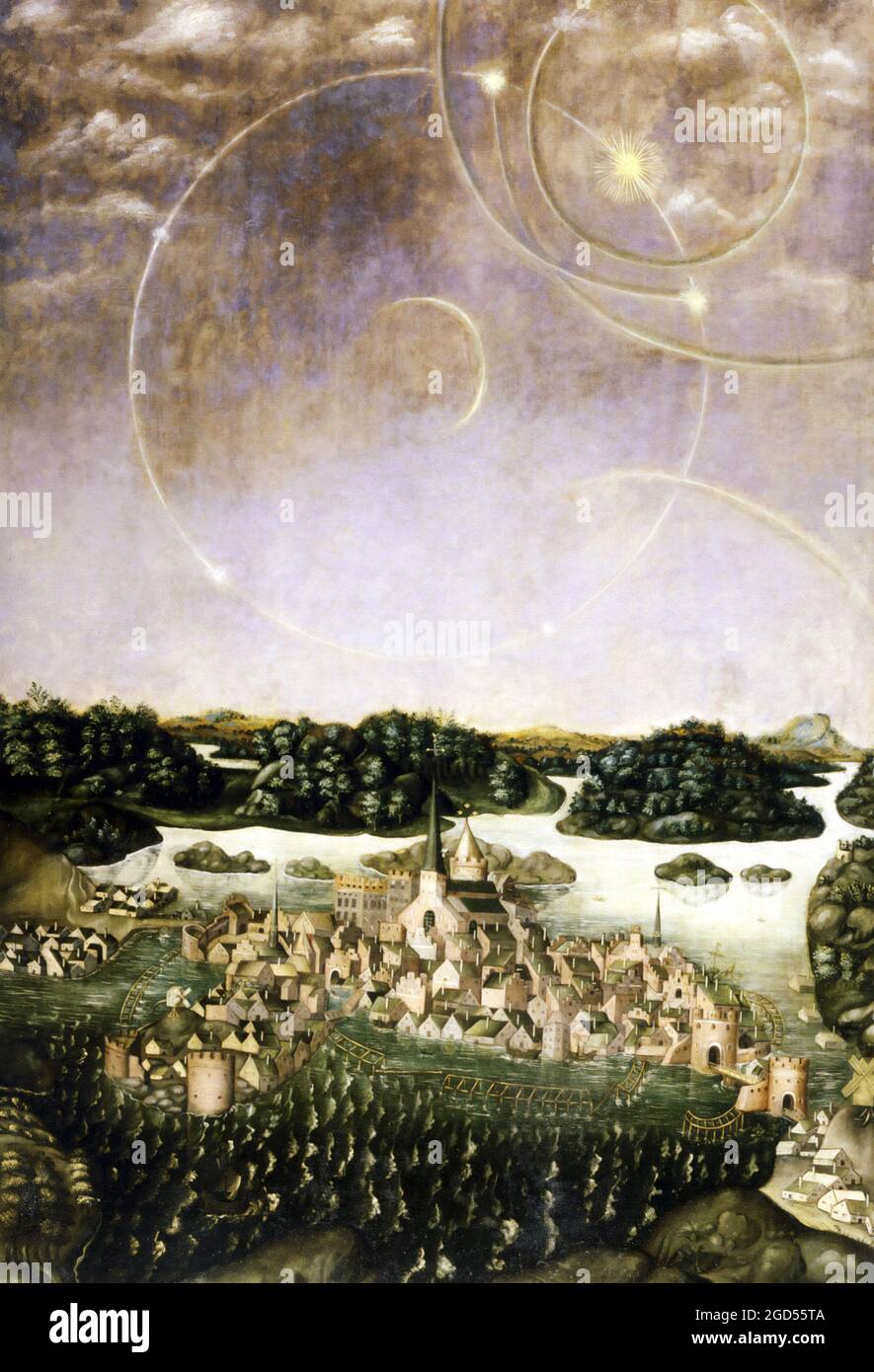 Vädersolstavlan ist ein Öl-auf-Tafel-Gemälde, das eine Halo-Anzeige darstellt, ein atmosphärisches optisches Phänomen, das am 20. April 1535 über Stockholm beobachtet wurde. Stockfoto