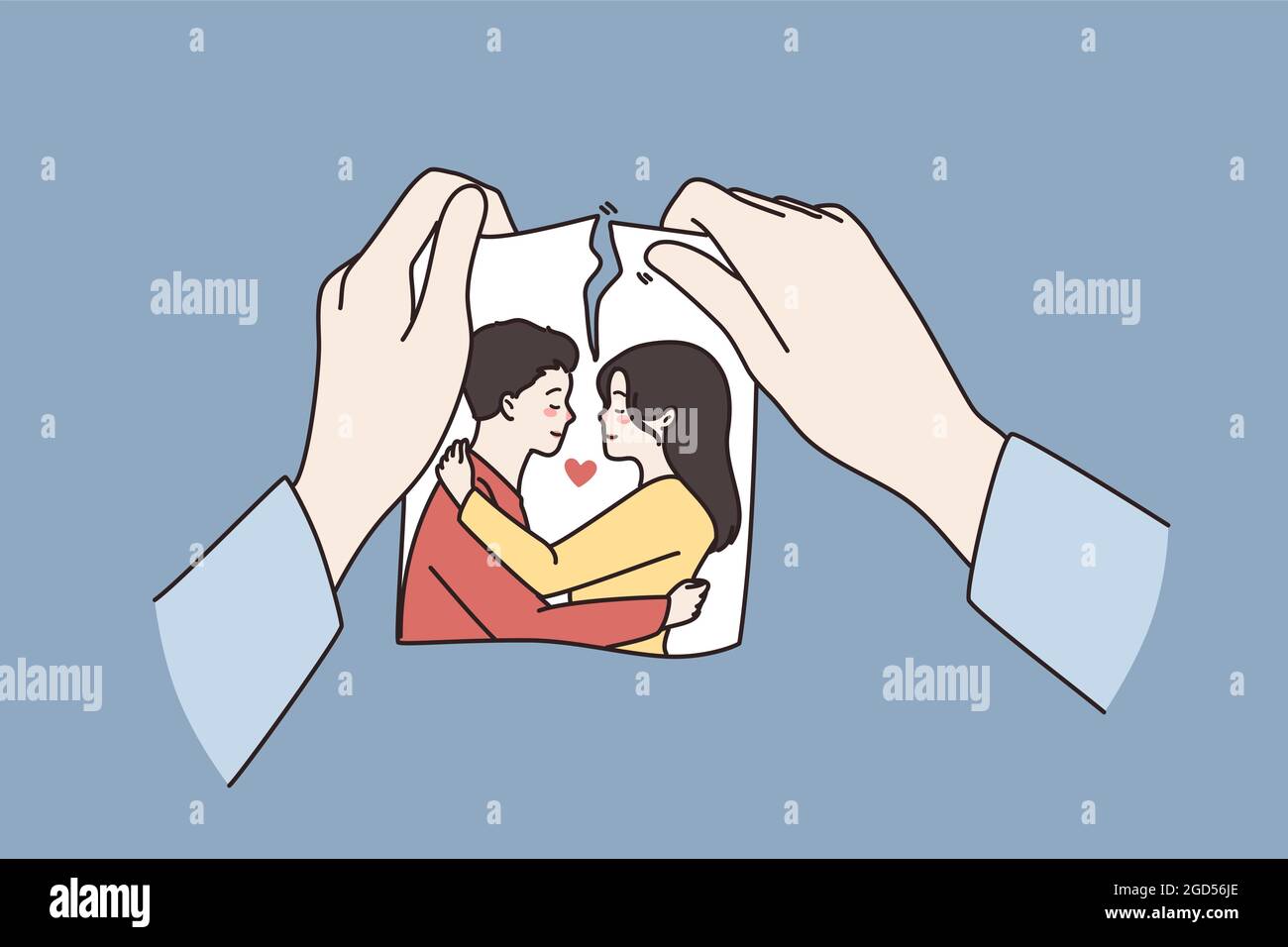 Beziehungskrise, zerbrach Konzept. Menschliche Hände halten zerrissene Foto von Paar in der Liebe Bedeutung Trennung oder Scheidung auf blauem Hintergrund Vektor-Illustration Stock Vektor