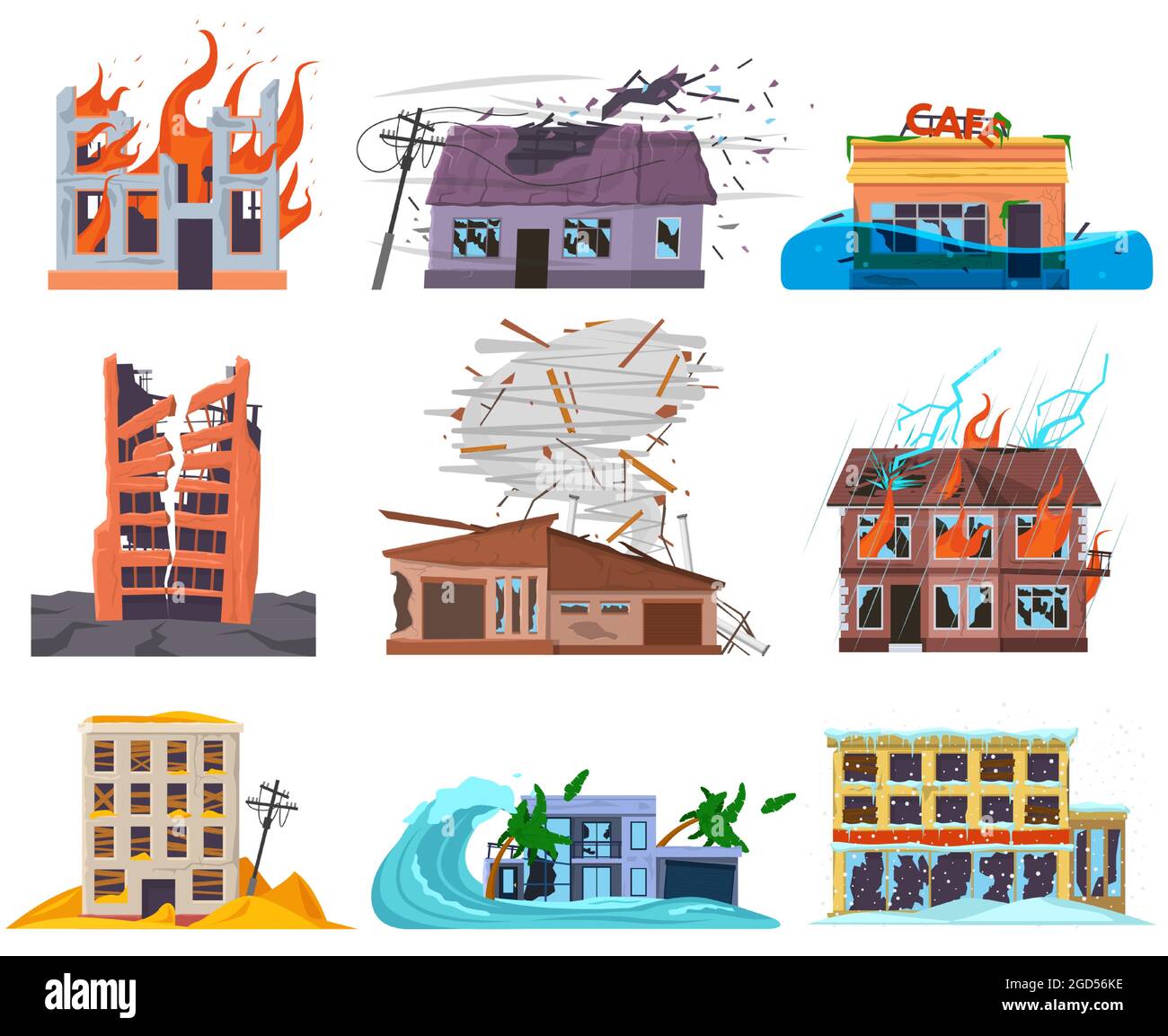 Naturkatastrophen Kataklysmen ruiniert, zerstört, überflutete Häuser. Zerstörte verlassene gebrochene Stadt Wohnhäuser Vektor Illustration Set. Überflutet Stock Vektor