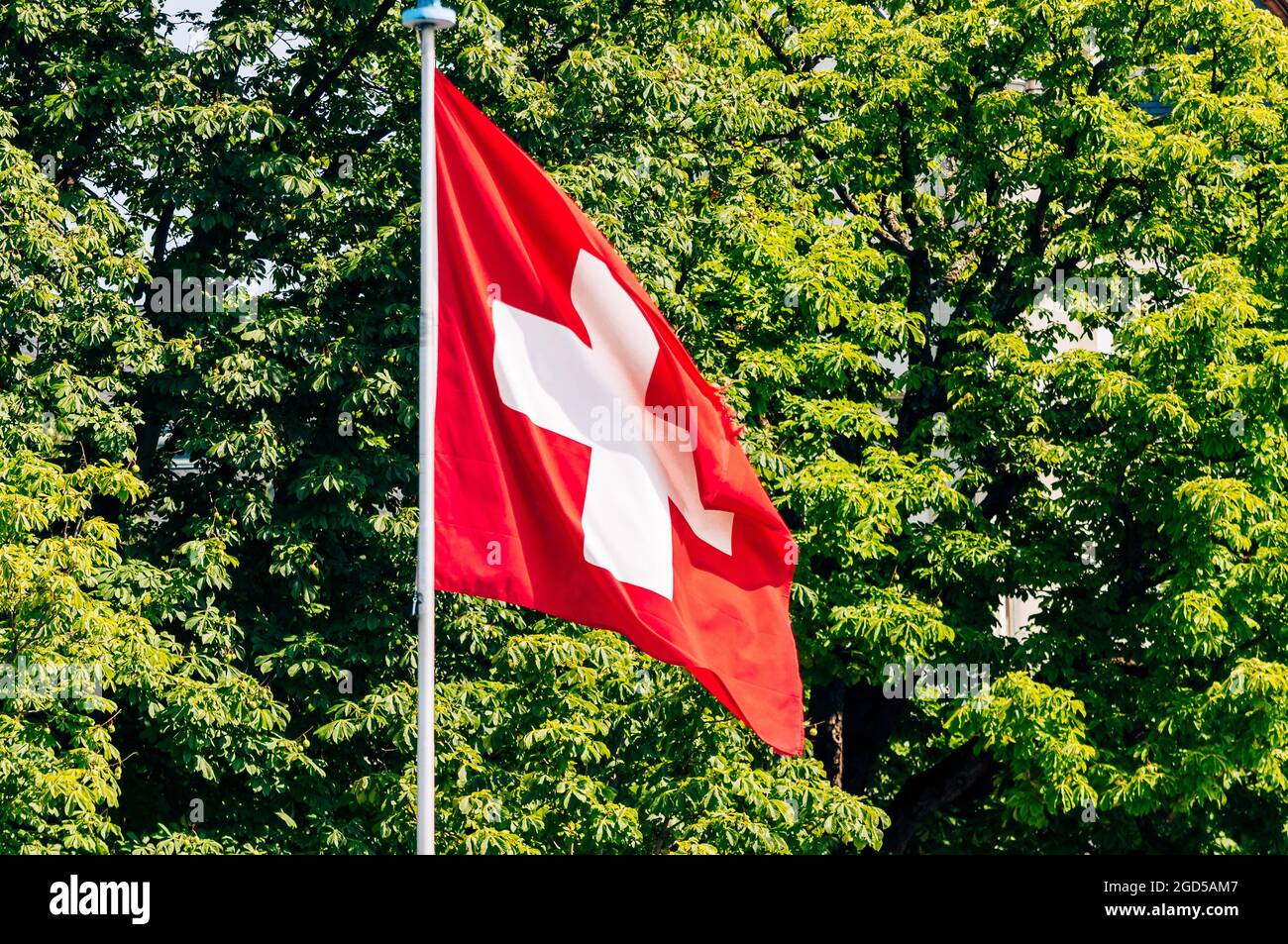 Nahaufnahme einer Schweizer Flagge Stockfotografie - Alamy