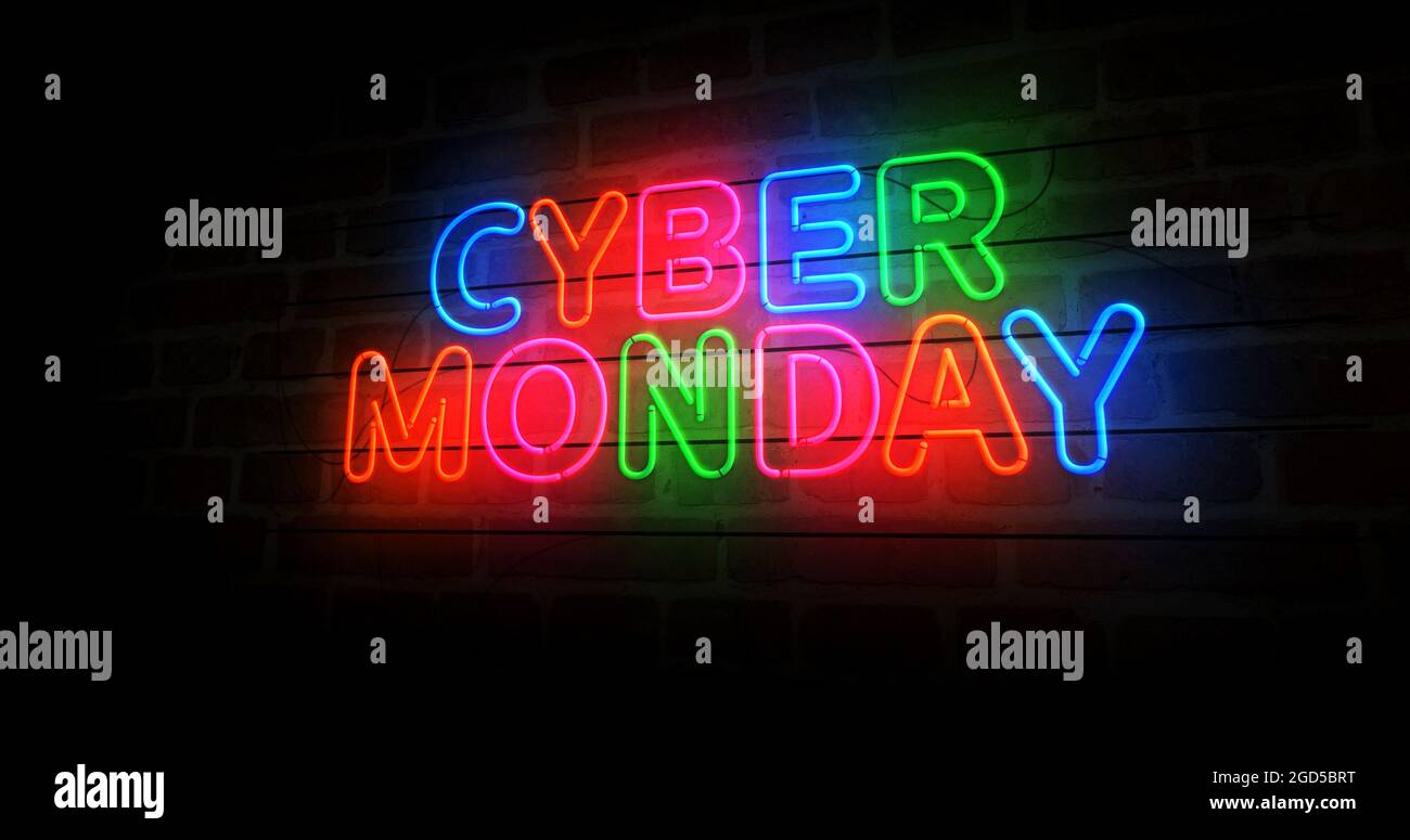Cyber Monday Rabatt Neon-Symbol. Verkauf und Rabatt-Promotion Einzelhandel Glühbirnen Farbe. Abstraktes Konzept 3d-Illustration. Stockfoto