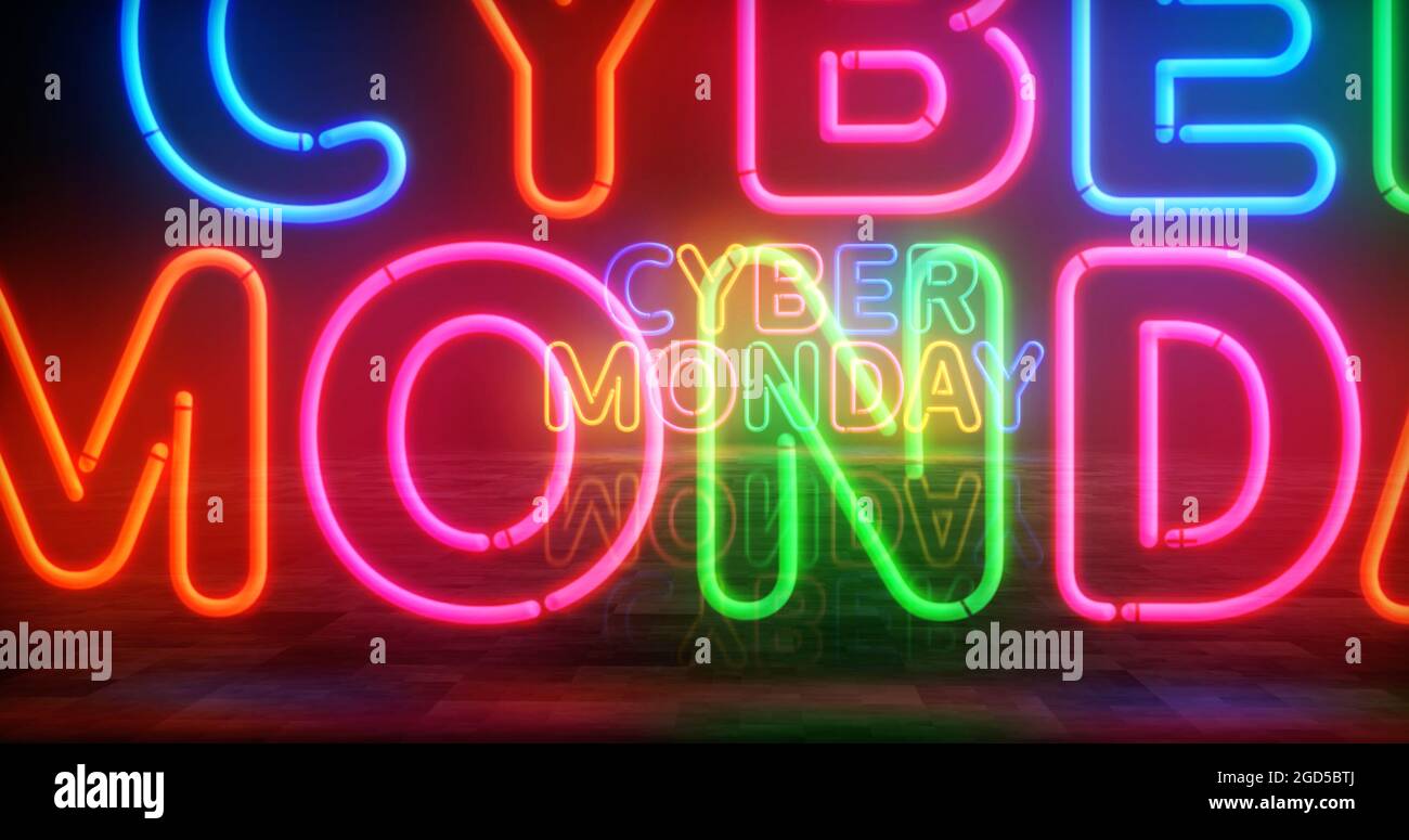 Cyber Monday Rabatt Neon-Symbol. Verkauf und Rabatt-Promotion Einzelhandel Glühbirnen Farbe. Abstraktes Konzept 3d-Illustration. Stockfoto