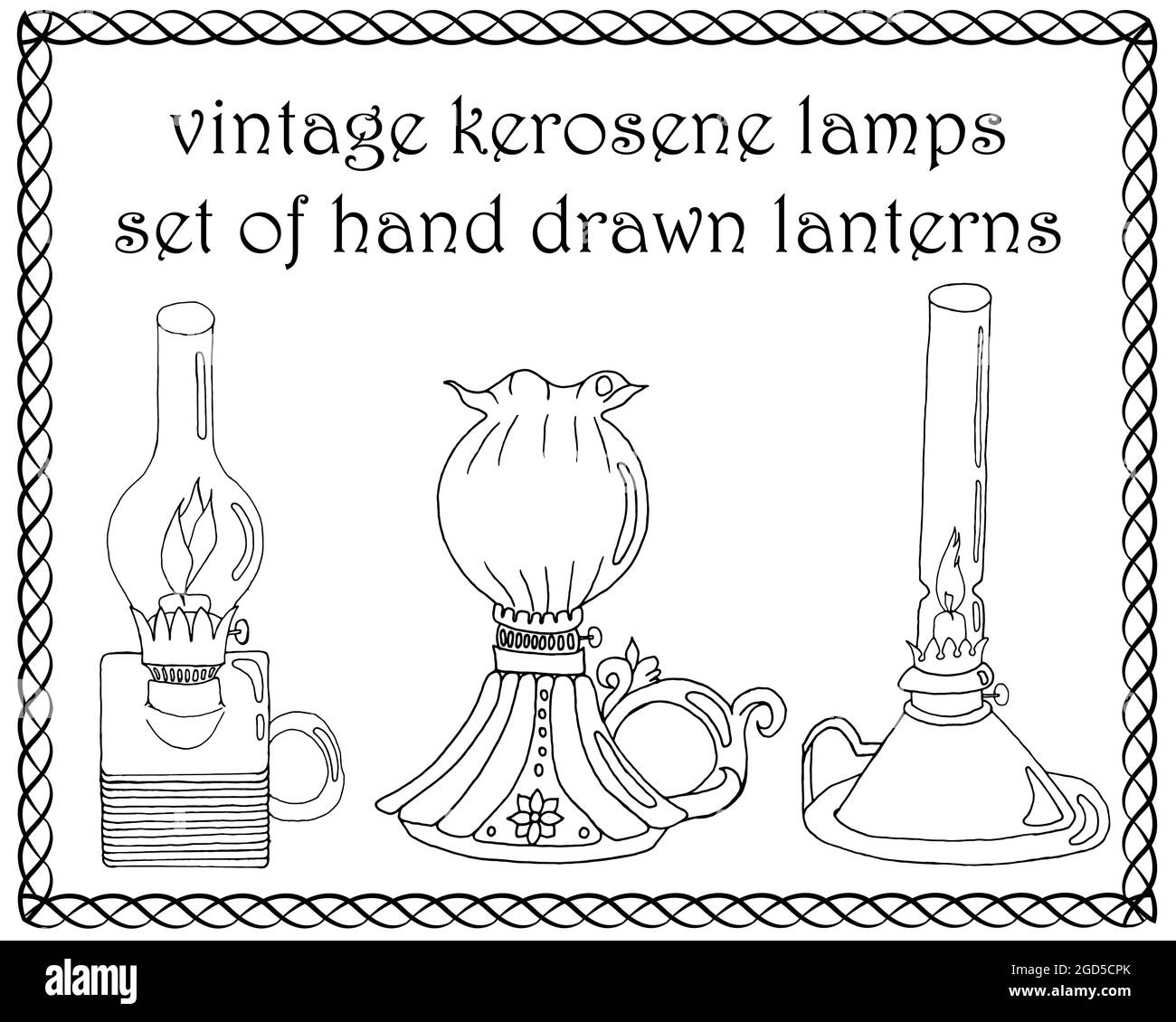 Set aus Vintage-Kerosin-Lampen, handgezeichnete schwarze und weiße Laternen Stock Vektor