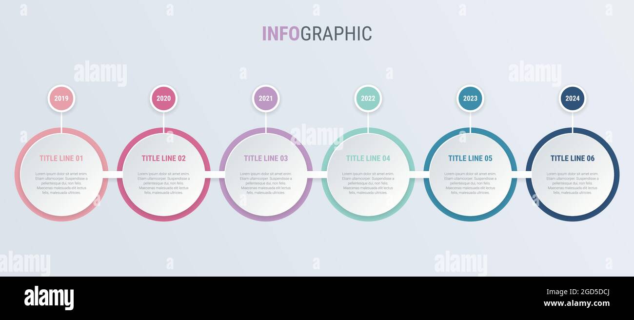 Vintage Farben Diagramm, Infografik Vorlage. Zeitachse mit 6 Schritten. Kreis Workflow-Prozess für Unternehmen. Vektordesign. Stock Vektor