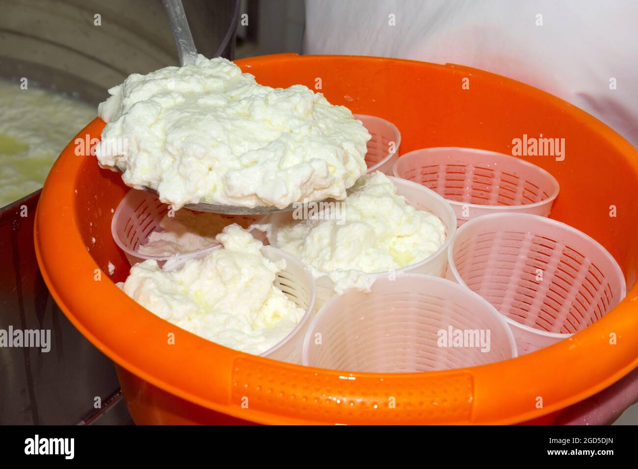 Phasen der Ricotta-Produktion in einer Käsefabrik in Griechenland Stockfoto