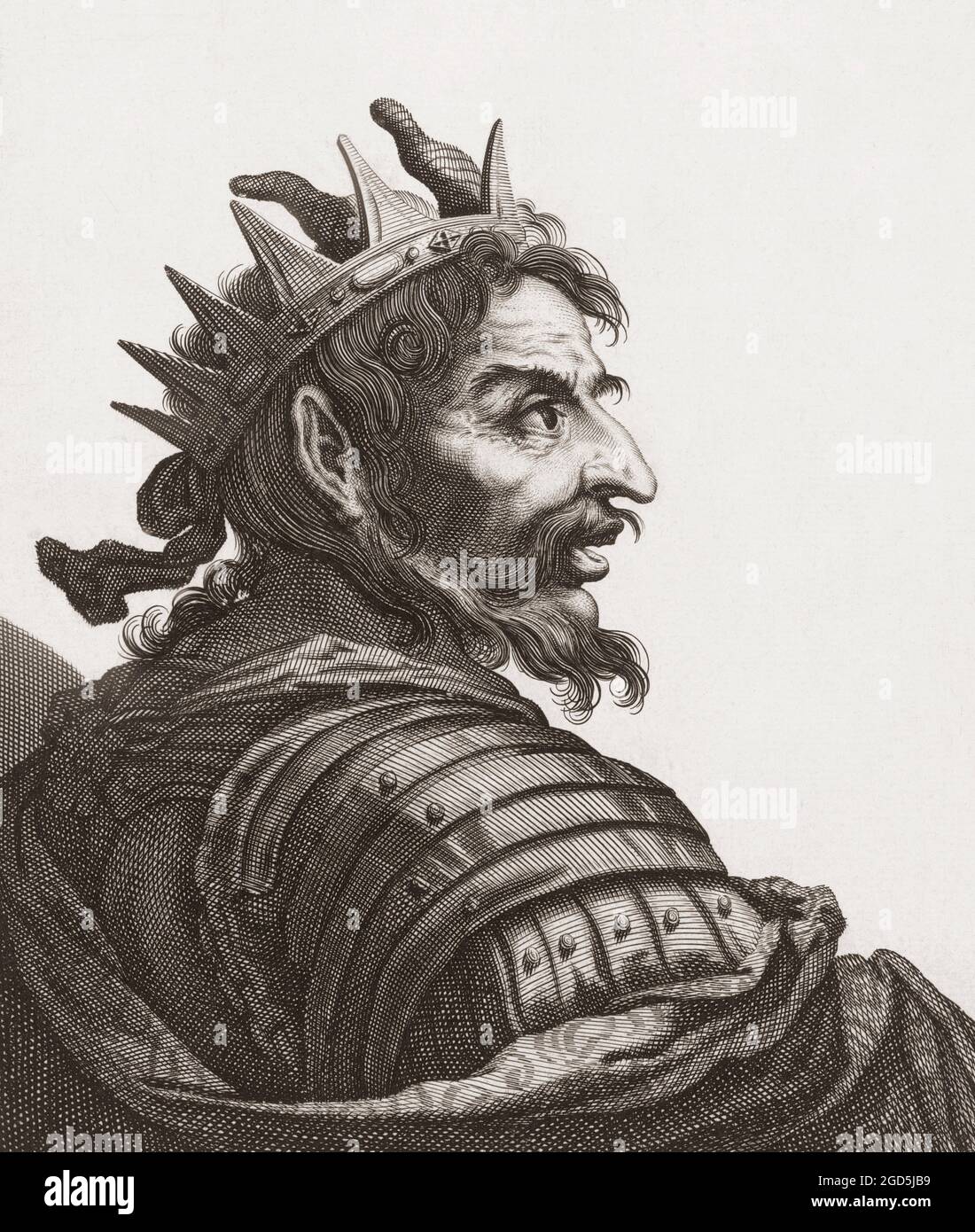 Attila the Hun, c. 406 - c. 453. Anführer der Hunnen, der schließlich ein Stammesreich führte, das Ostgoten und Alanen umfasste. Aus einem Druck von Jerome David aus dem 17. Jahrhundert. Stockfoto