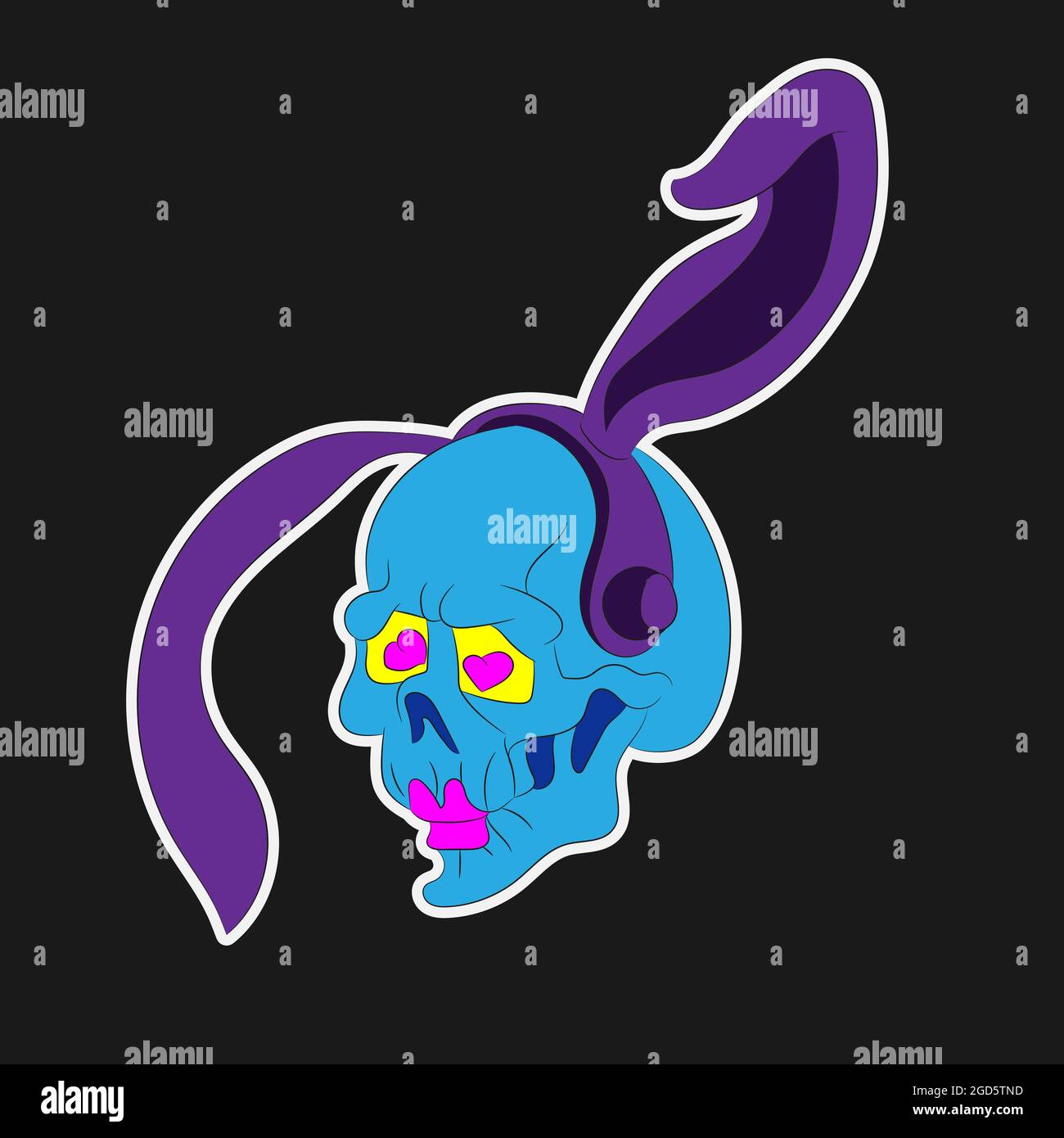 Ein Schädel mit Hasenohren, die Kopfhörer auf einem schwarzen, isolierten Vektorbild im Hintergrund tragen Stock Vektor