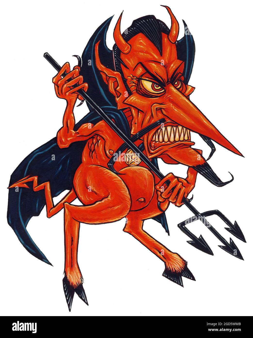 Cartoon, Kunstwerke, Illustration des roten wütenden Teufels mit Hörnern, Hufen und Pitchfork. Humorvoller witziger Dämon, Satan, Luzifer, Beelzebub, Mephistopheles. Stockfoto
