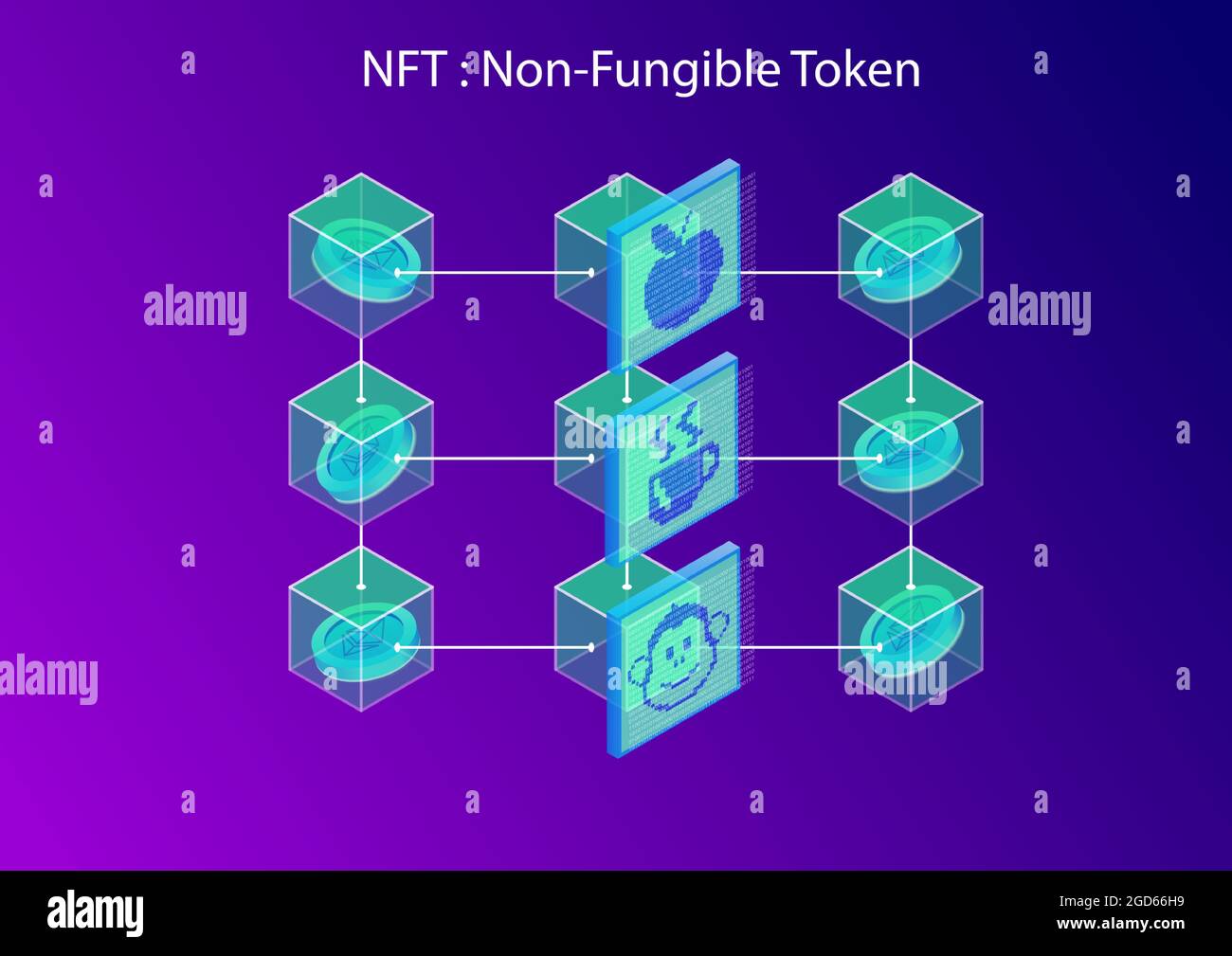 NFT nicht fungible Token-Konzept auf Blockchain gespeichert und über ethereum erworben. infografik zur isometrischen 3D-Vektordarstellung mit Blöcken und Krypto-Cu Stock Vektor