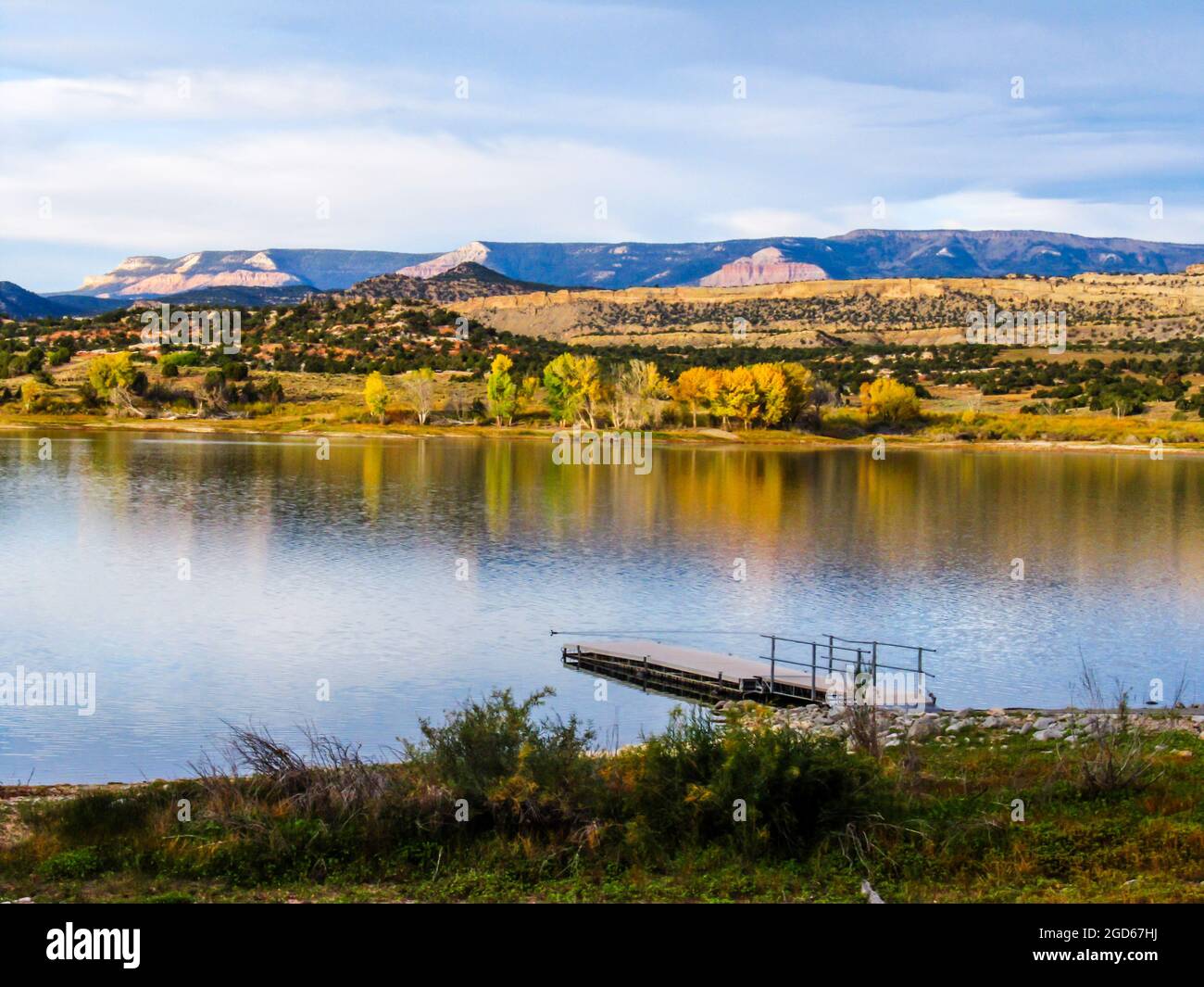 Morgenblick über den weiten hohlen Stausee, Escalante, Utah, USA, mit Fremonts Cottonwood im Herbstlaub, auf dem gegenüberliegenden Ufer Stockfoto