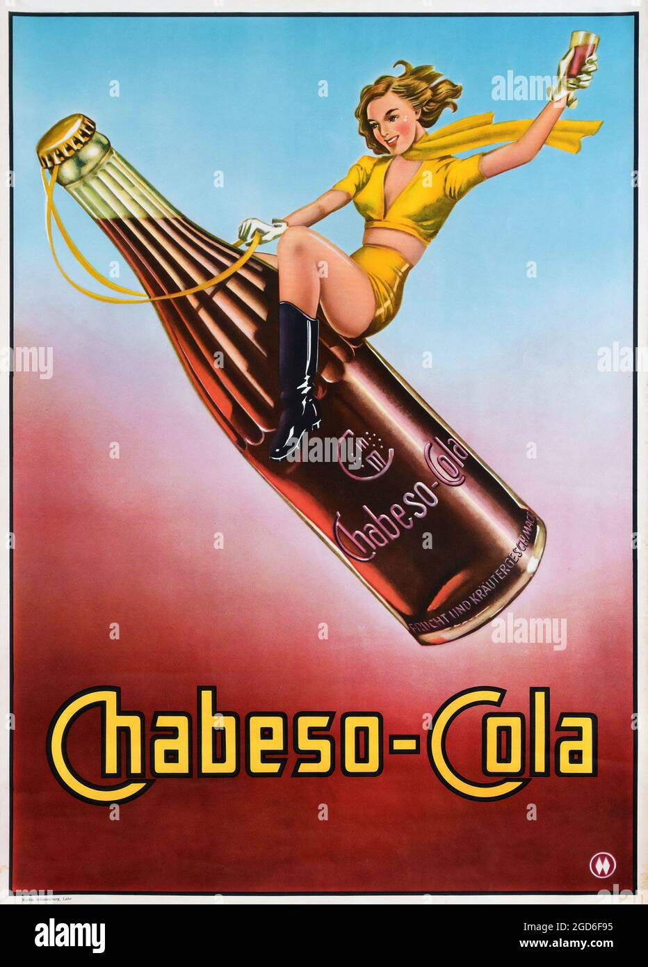 Alte und alte Werbung / Poster. Chabeso Cola Pin Up - 1950 – unbekannter Künstler. PIN up Frau Reiten eine Flasche. Stockfoto
