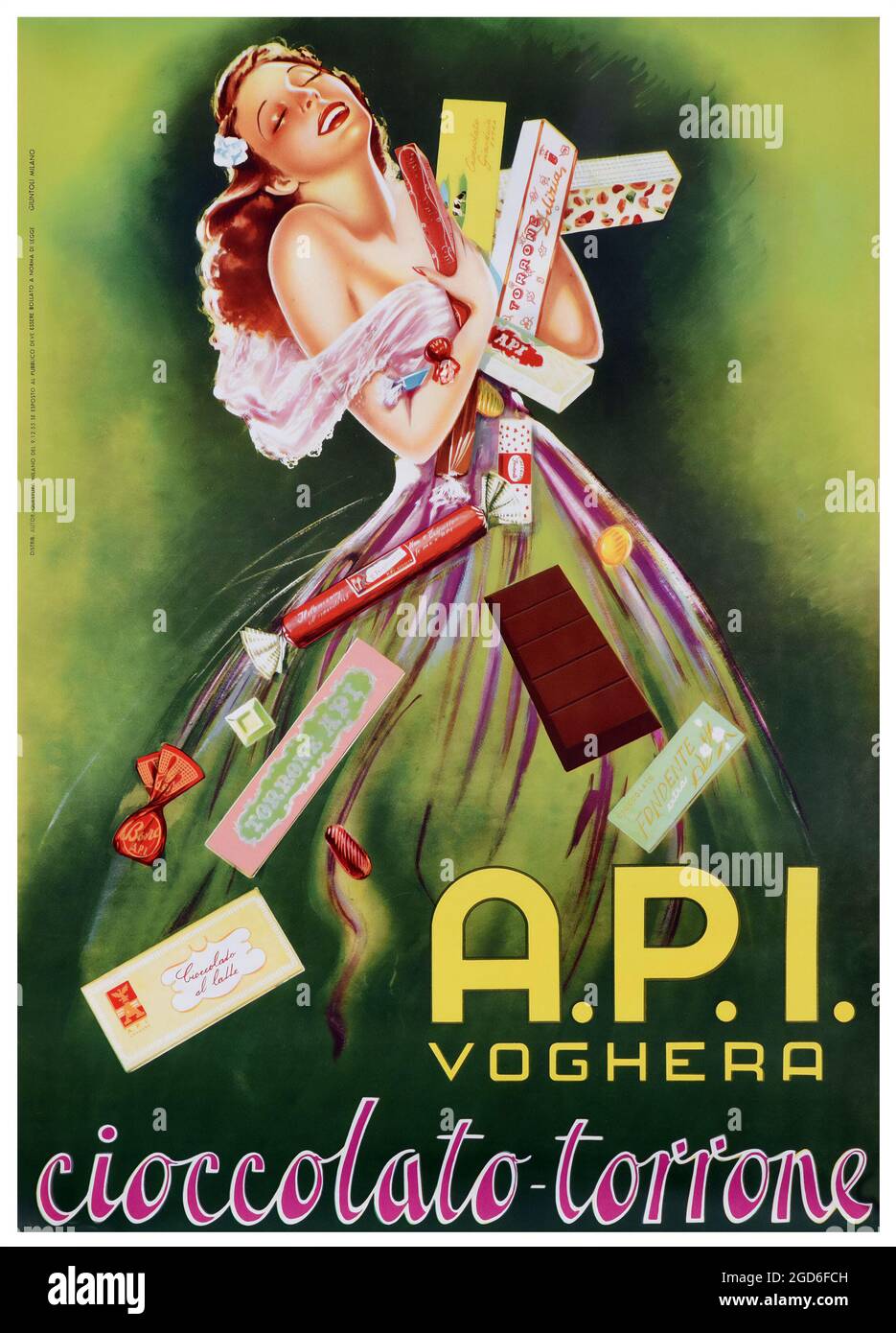 Alte und alte Werbung. A.P.I. Voghera, 'cioccolato-torrone'. Werbeplakat mit Schokolade. 1955. Künstler unbekannt. Stockfoto