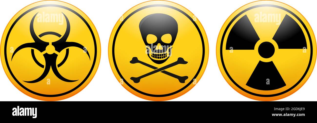 Internationale Symbole (Symbol) für Biogefährdung, Toxizität und Radioaktivität. Typen chemischer Substanz (Gemisch) oder ionisierender Strahlung Stock Vektor