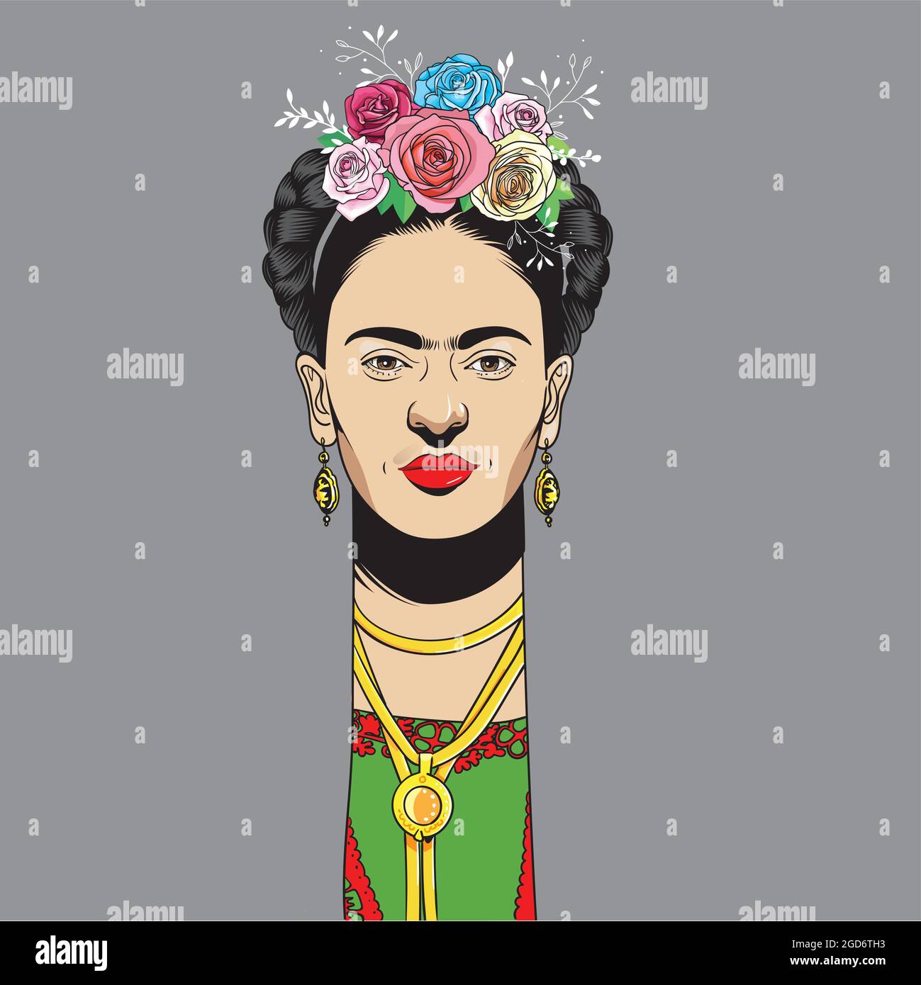 Frida Kahlo Porträt im Cartoon-Stil, sie war eine mexikanische Malerin bekannt für ihre vielen Porträts, Selbstporträts und Werke inspiriert von der Natur und Künstler Stock Vektor