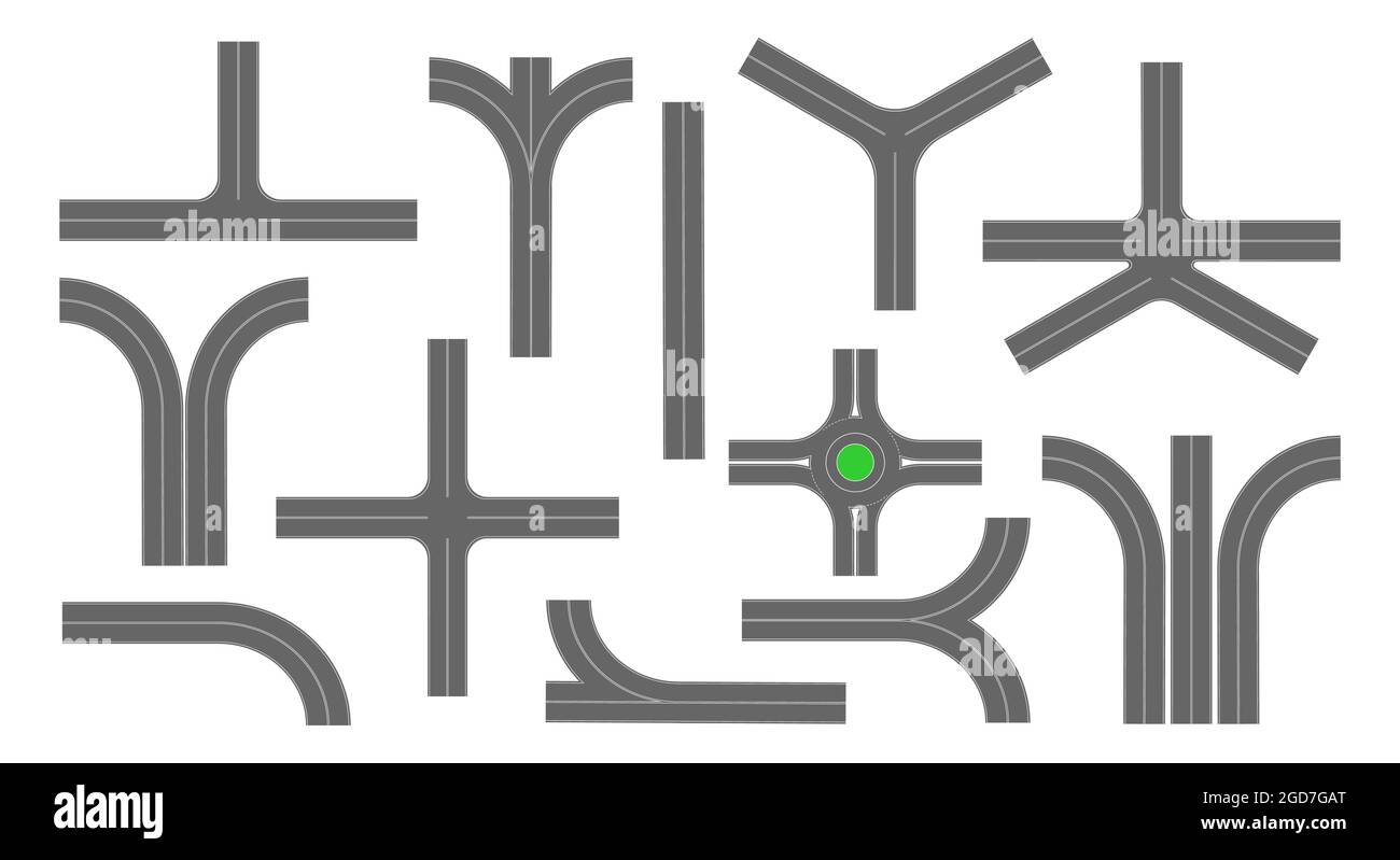 Asphaltstraße Kreuzungen Draufsicht. Verschiedene Autobahnteile mit Markierung isoliert auf weißem Hintergrund. Satz von Straßenbauelementen für den Stadtplan. Vektorgrafik flach. Stock Vektor