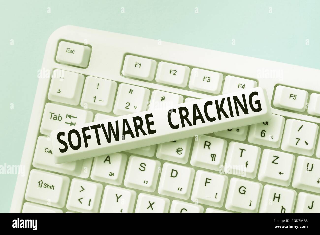 Textüberschrift mit der Darstellung von Software Cracking. Konzeptionelle Fotomodifikation der Software zum Entfernen oder Deaktivieren der Funktionen Internet Browsing und Online Stockfoto