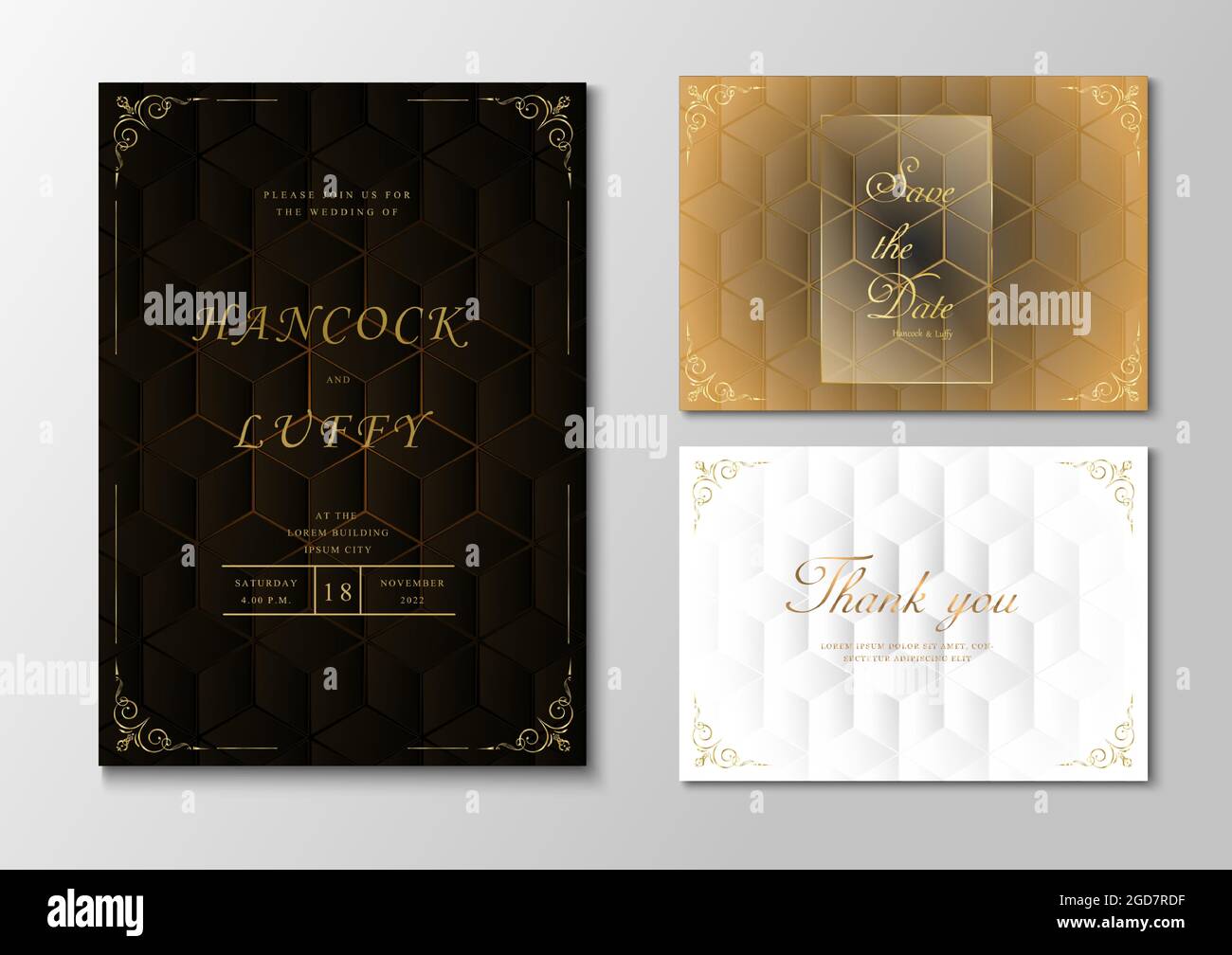Vorlage für eine luxuriöse Hochzeitseinladungskarte. Elegant aus schwarz, weiß und Gold Hintergrund-Design mit geometrischer Form. Vektorgrafik.EPS10 Stock Vektor
