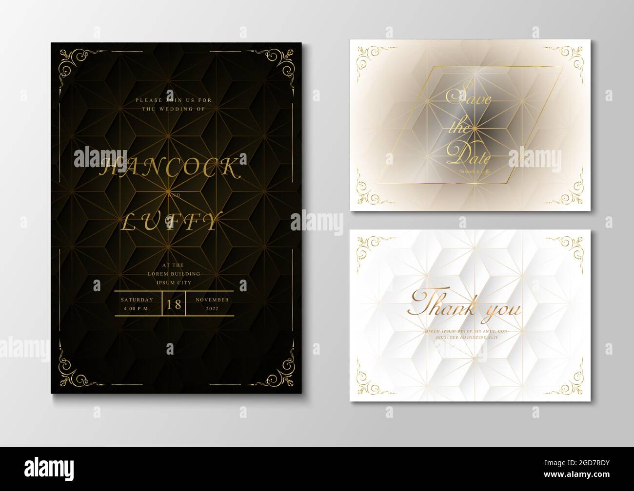 Vorlage für eine luxuriöse Hochzeitseinladungskarte. Elegant aus schwarz, weiß und Gold Hintergrund-Design mit geometrischer Form. Vektorgrafik.EPS10 Stock Vektor