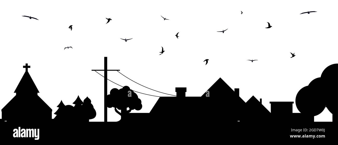 Ländliche Szene. Landschaft Silhouette mit einem Schwarm von Vögeln. Cottage und Telegrafenmast. Flache Vektorgrafik isoliert auf weißem Hintergrund. Stock Vektor