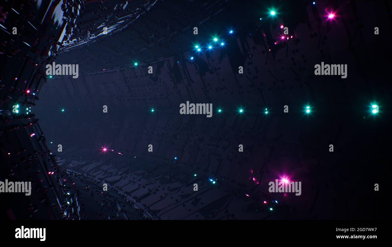 Neon Glitter Space Mechanical Tunnel 3D Rendering Stockfoto