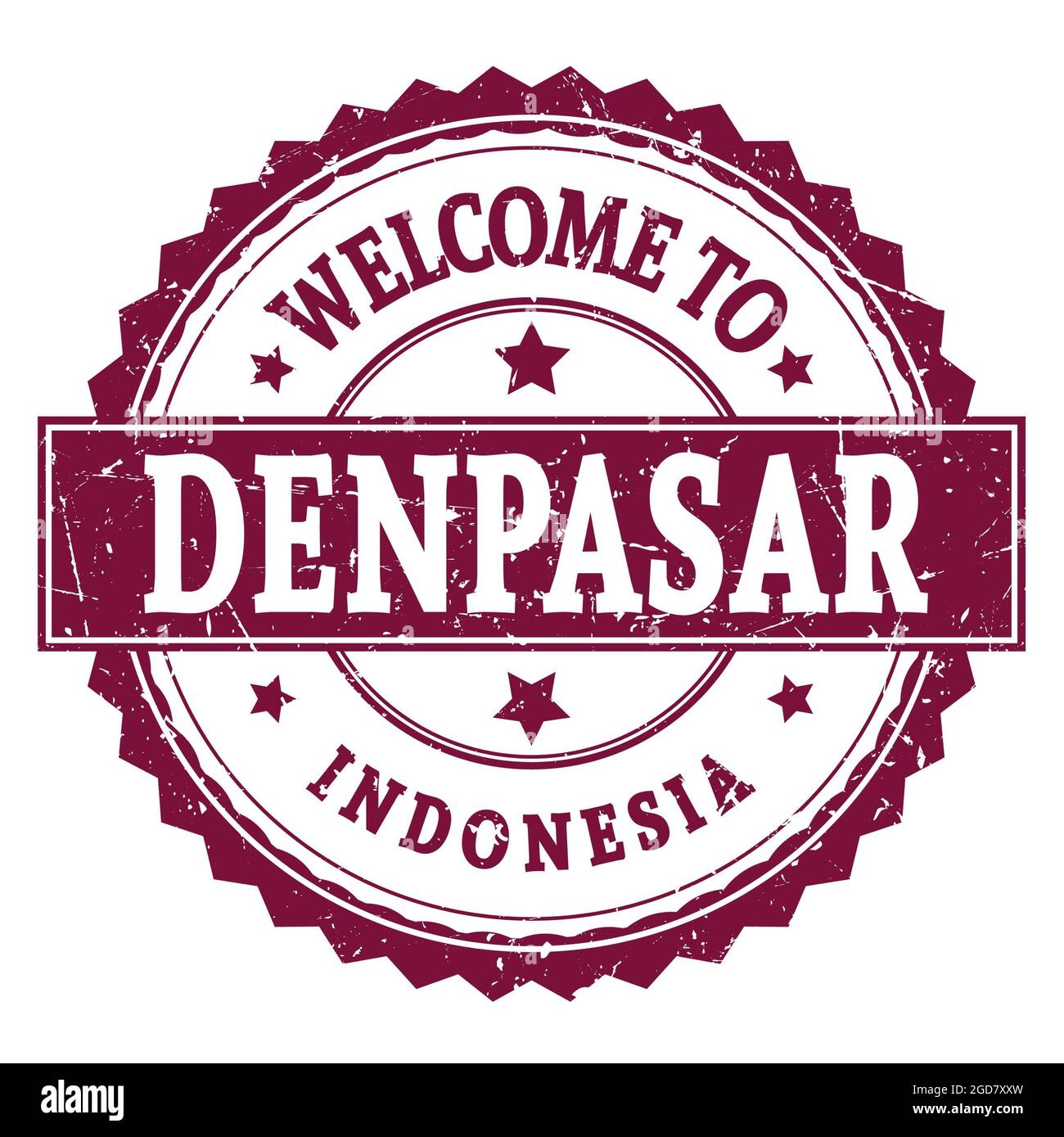 WILLKOMMEN IN DENPASAR - INDONESIEN, Worte geschrieben auf violettem runden Zickzack-Stempel Stockfoto