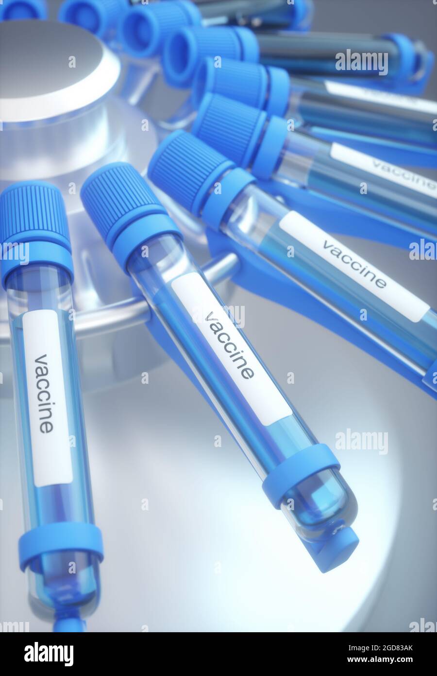 Reagenzglas mit Impfstoffetikett. Konzeptbild 3d-Illustration. Stockfoto