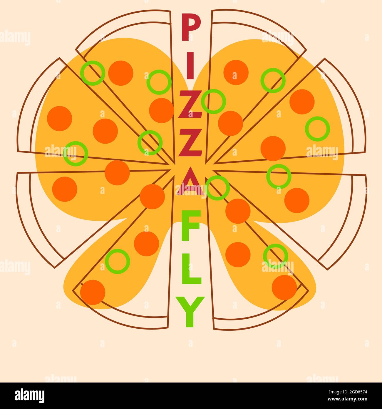 Minimal Logo fliegende Pizza Schmetterling Oliven und Tomaten 1 Stock Vektor
