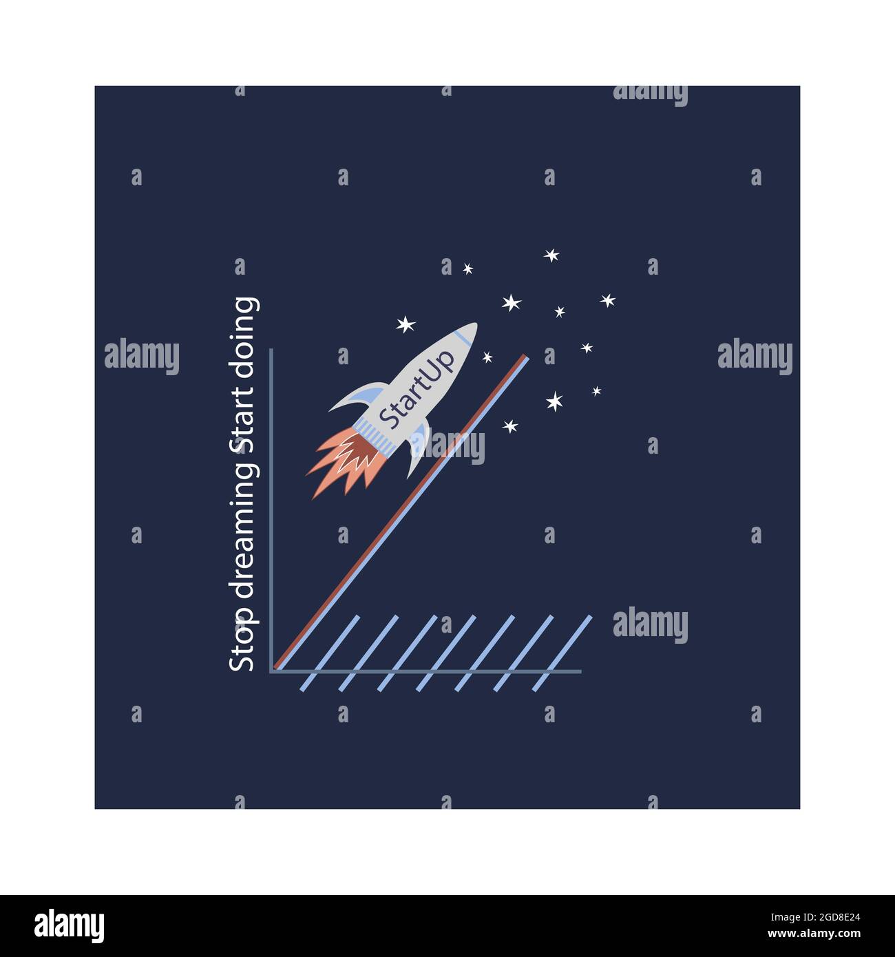 Diagramm der erfolgreichen Unternehmensgründung. Konzept Rakete fliegen bis zu Sternen zu erreichen. Motivationszitat. Hör auf zu träumen, beginne zu tun. Vektorgrafiken Stock Vektor