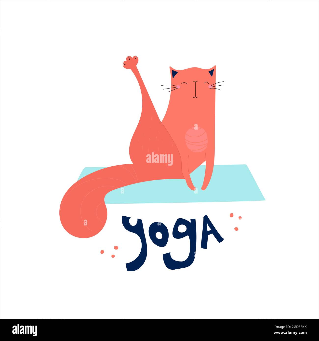 Niedliches Vektor-Poster von Hand gezeichnete Katze und Schriftzug Yoga. Die Katze übt auf einer Yogamatte. Gesunde Lifestyle-Illustration für Print, Textilien, T-Shirts, Karten, Aufkleber, Poster. Stock Vektor