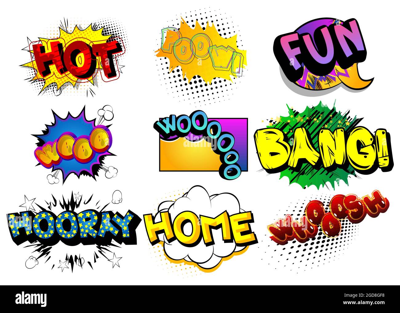 Heiß, Poow, Spaß, Wooo, Bang, Horay, Home, Whooosh - Cartoon Words, Text Effect. Sprechblase. Comics Wording Soundsammlung. Set für Ihren Comic Stock Vektor