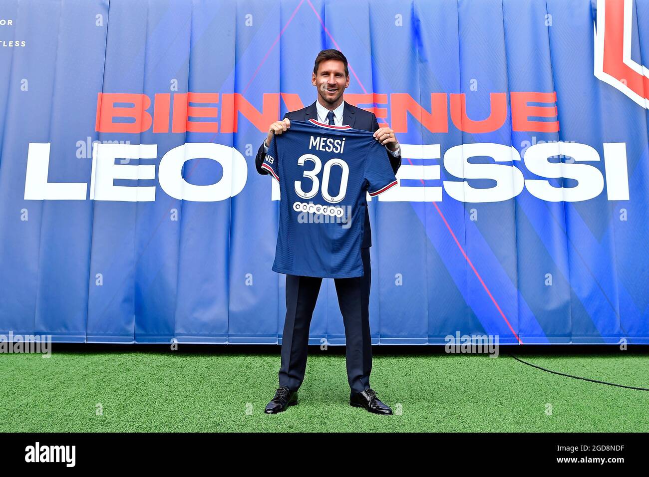 Paris Frankreich 10.8.2021, Fußball: Französischer Ligue 1 Club Paris St Germain stellt neuen Spieler Lionel Messi vor Foto: PSG via Kolvenbach Stockfoto