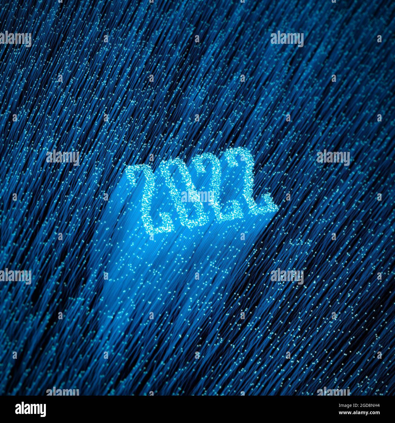 Faseroptik Jahr 2022 Konzept - 3D-Darstellung von glühenden optischen Fasern, die Jahr 2022 bilden Text Stockfoto