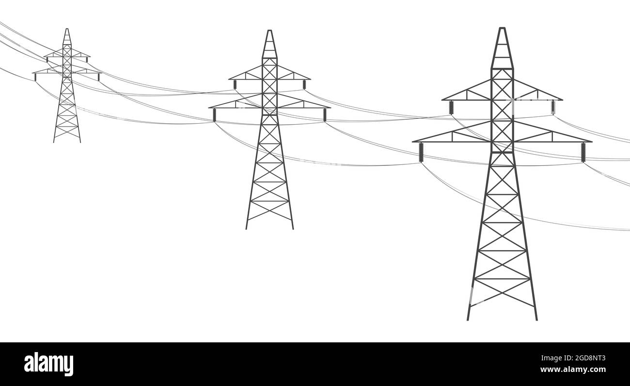 Freileitung. Elektrische Stromübertragung, Hochspannungsleitungen liefert Strom. Elektrische Traufe, die in die Ferne abfahren. Flaches illu Stockfoto