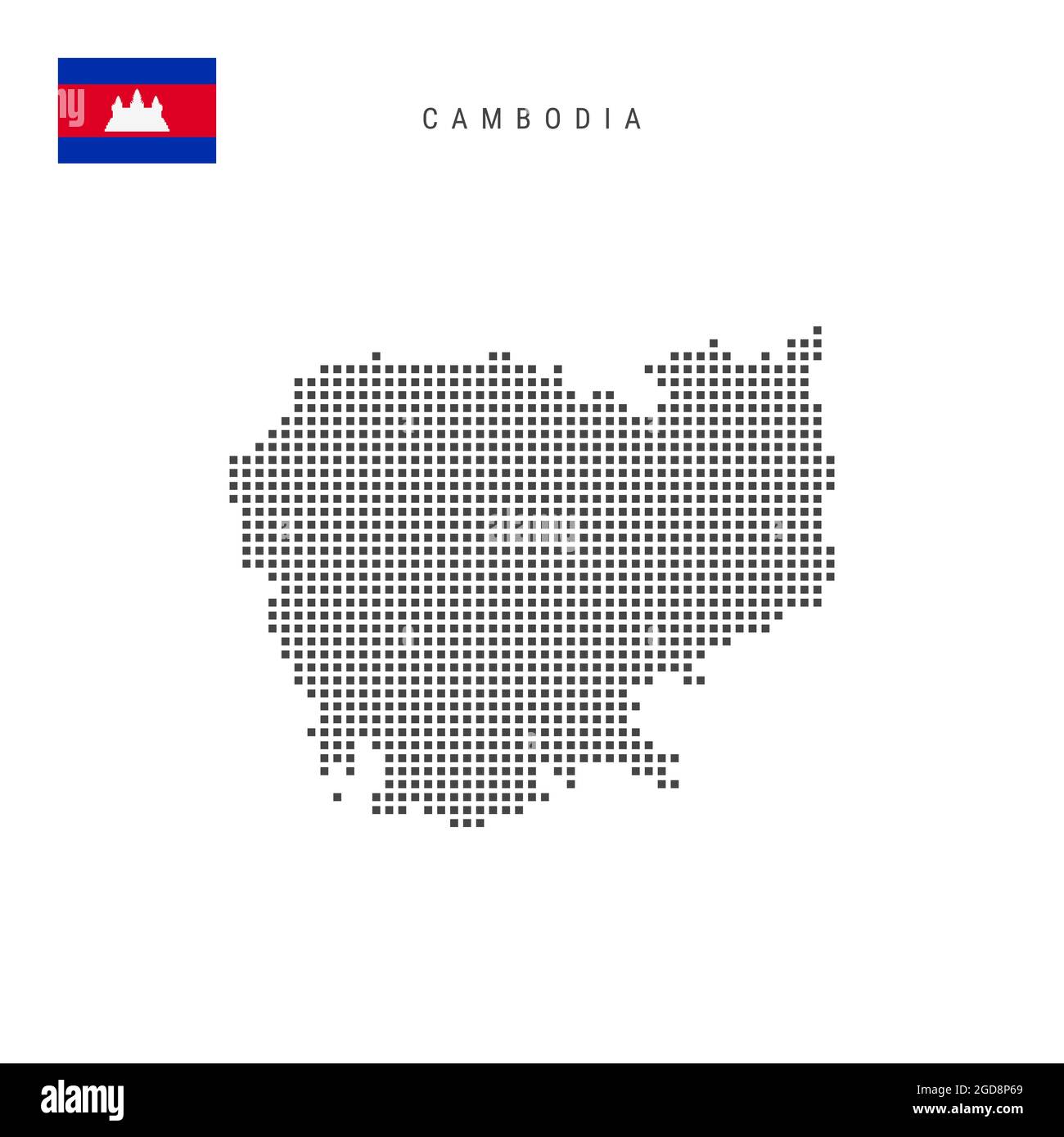 Quadratische Punkte Musterkarte von Kambodscha. Kambodschanische gepunktete Pixelkarte mit Nationalflagge isoliert auf weißem Hintergrund. Illustration. Stockfoto