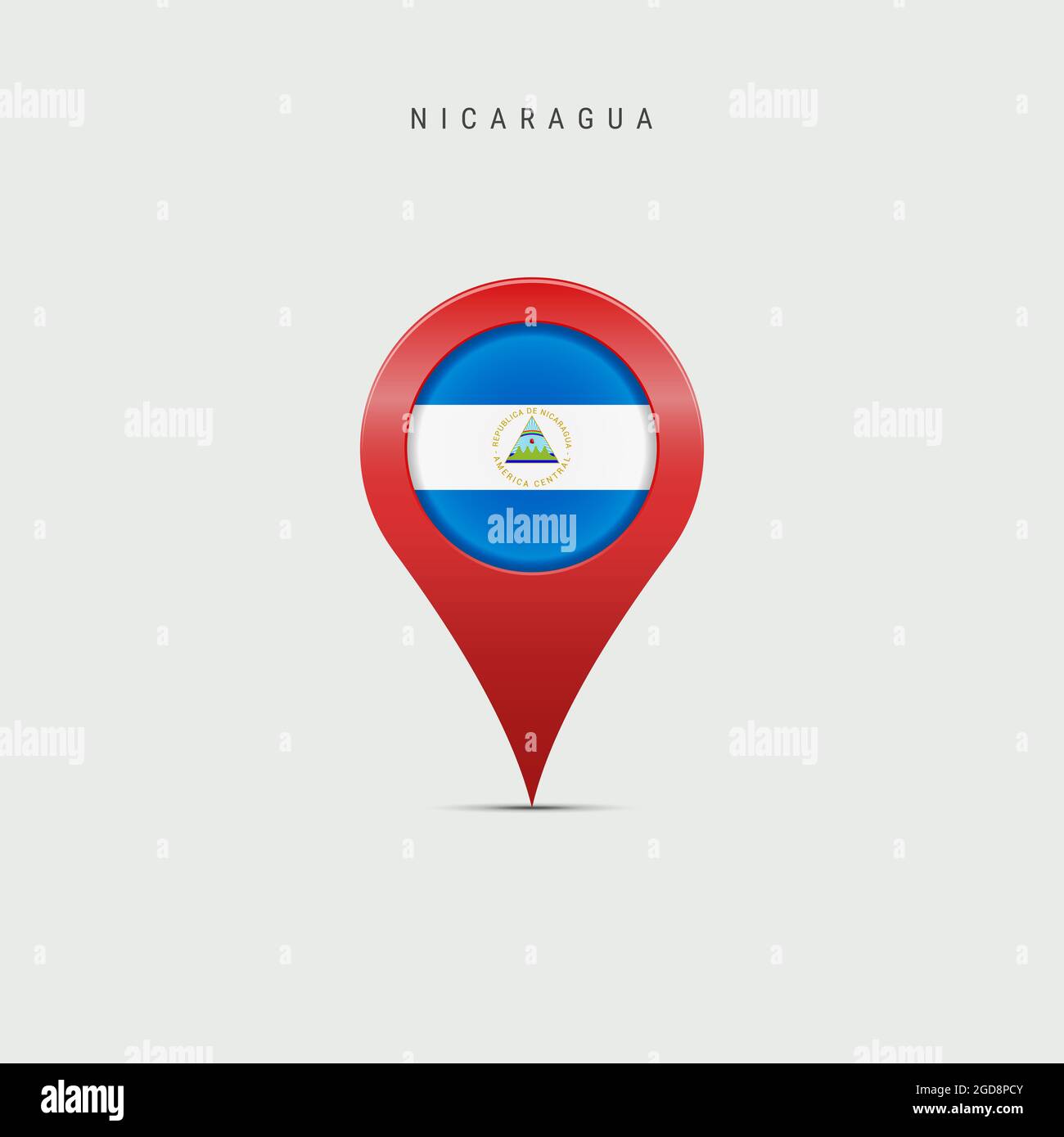 Teardrop-Kartenmarkierung mit Flagge Nicaraguas. Nicaraguanische Flagge in den Pin der Standortkarte eingefügt. 3D-Darstellung auf hellgrauem Hintergrund isoliert. Stockfoto