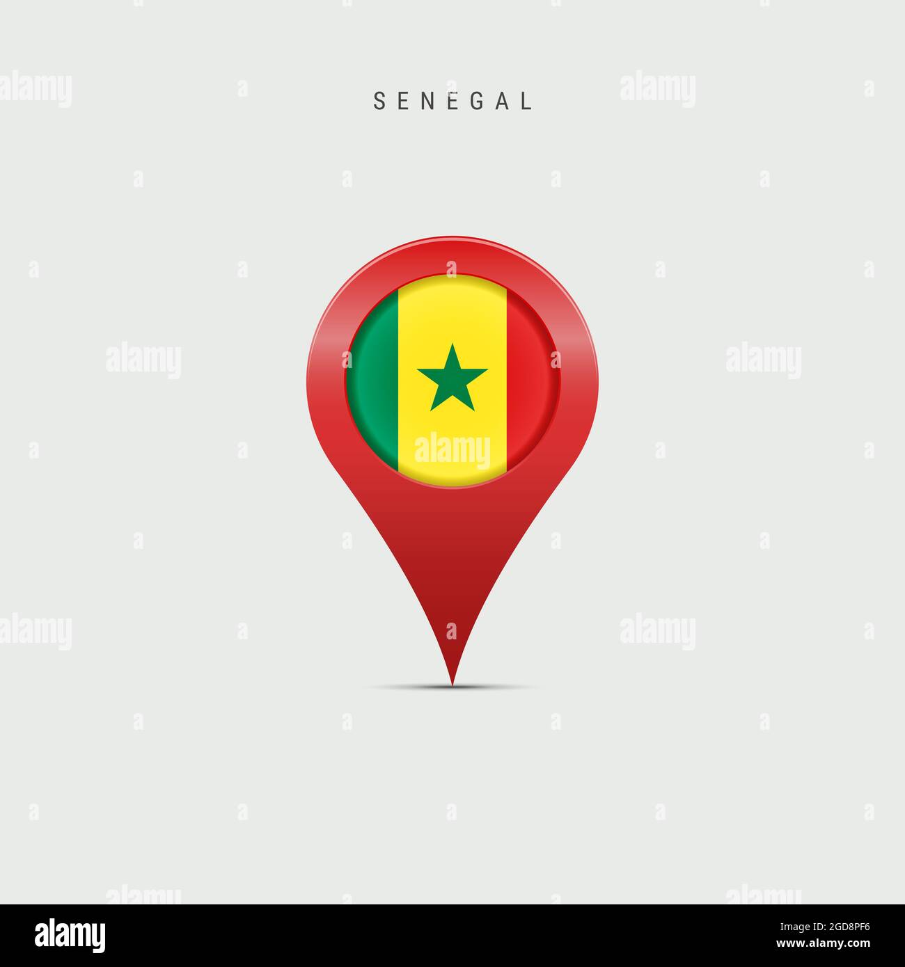 Teardrop Kartenmarkierung mit Flagge von Senegal. Senegalesische Flagge in den Pin der Standortkarte eingefügt. 3D-Darstellung auf hellgrauem Hintergrund isoliert. Stockfoto