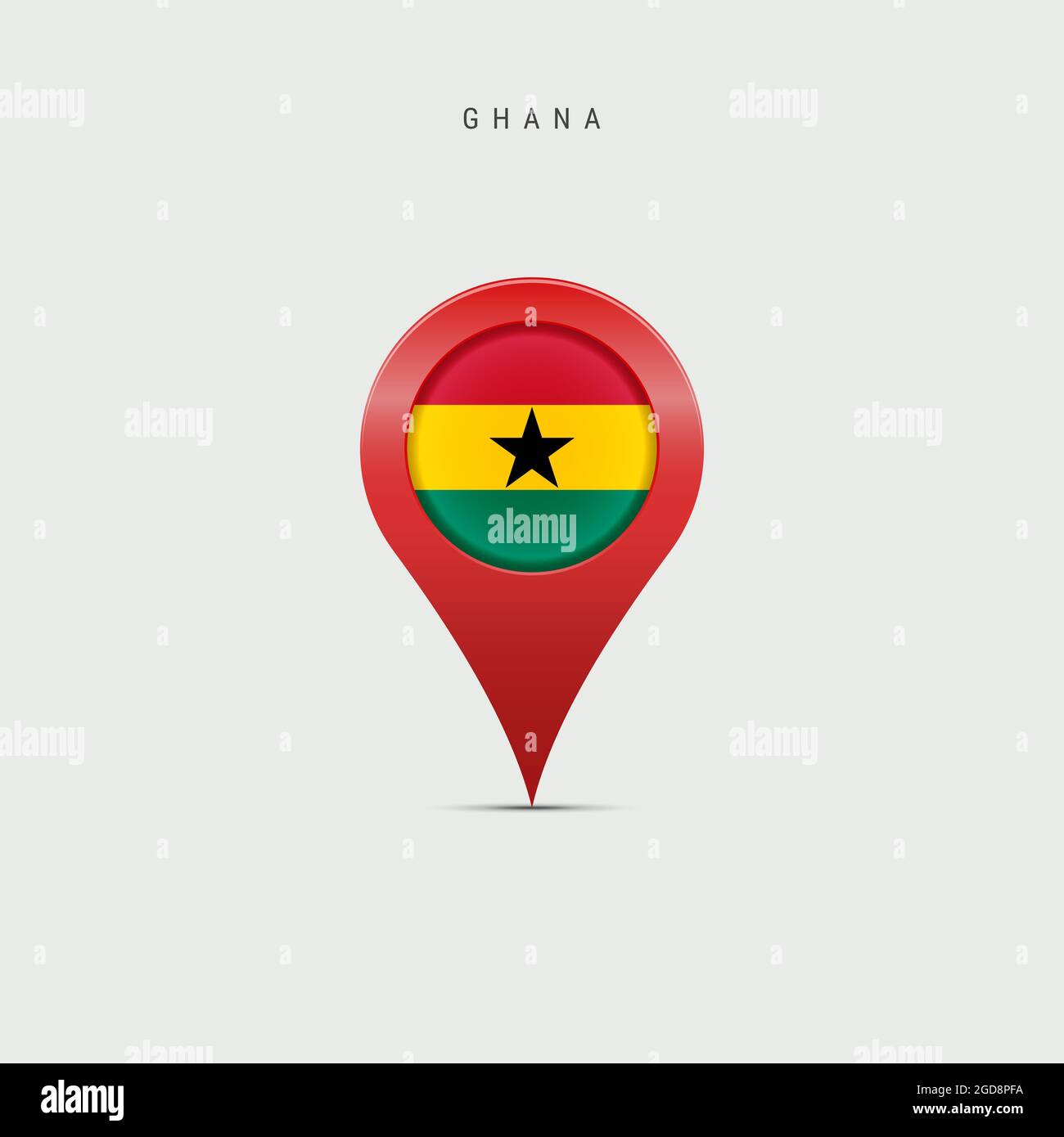 Teardrop-Kartenmarkierung mit Flagge Ghanas. Ghanaische Flagge in den Pin der Standortkarte eingefügt. 3D-Darstellung auf hellgrauem Hintergrund isoliert. Stockfoto