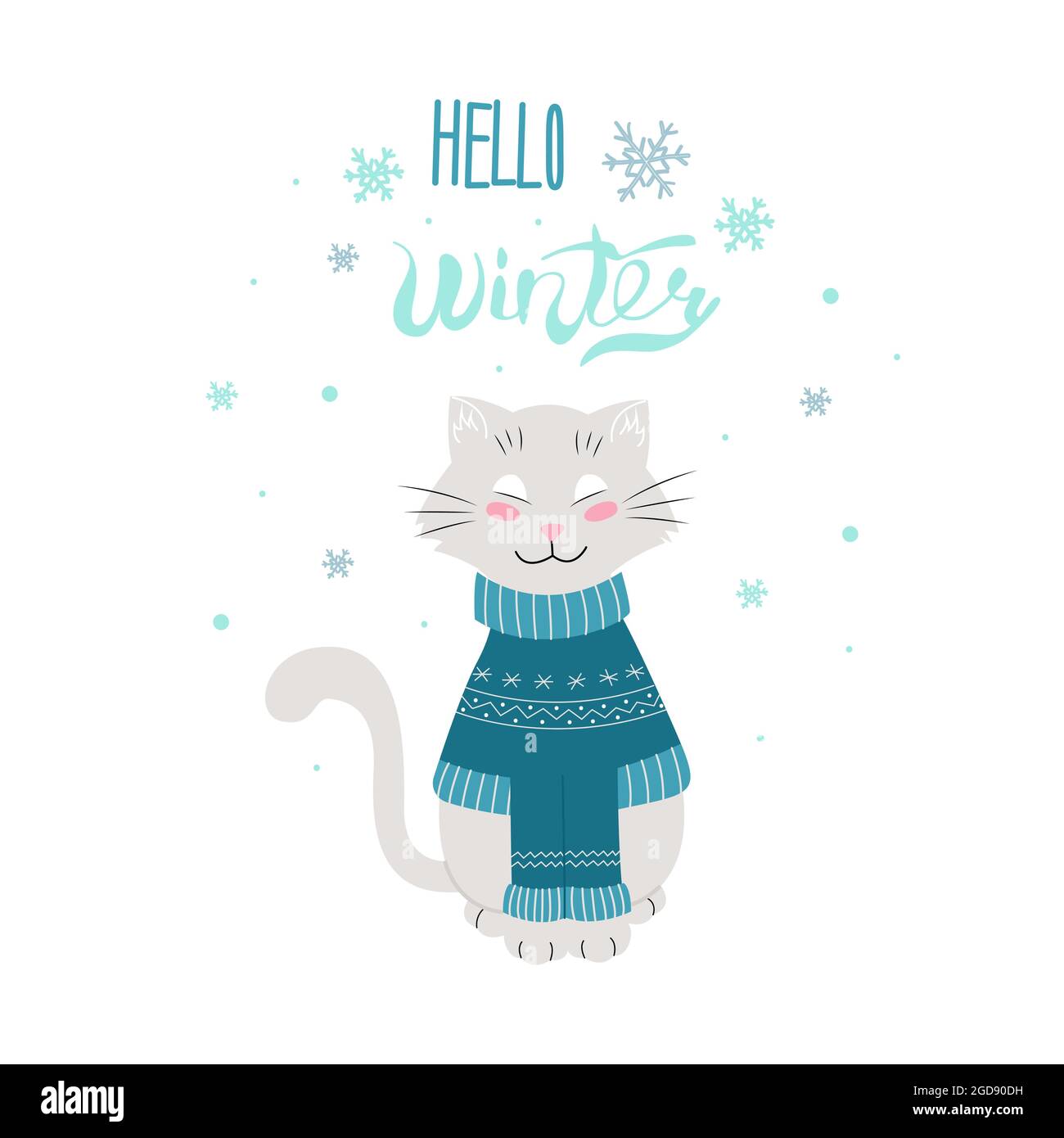 Katze in einem warmen Winterpullover, Hallo Winter, Vektorgrafik. Isoliert. Flaches Design Stock Vektor