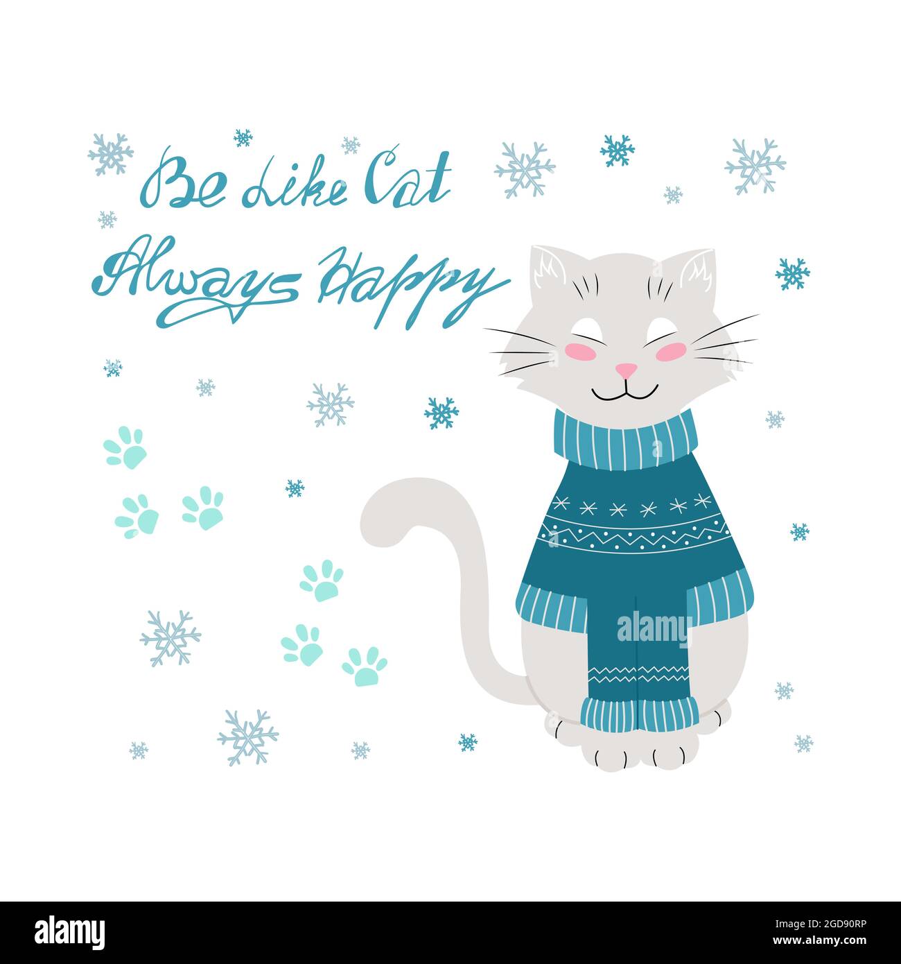 Katze im Winterpullover, handgeschrieben wie eine Katze, immer fröhliche Schriftzüge. Vektorgrafik im flachen Stil Stock Vektor