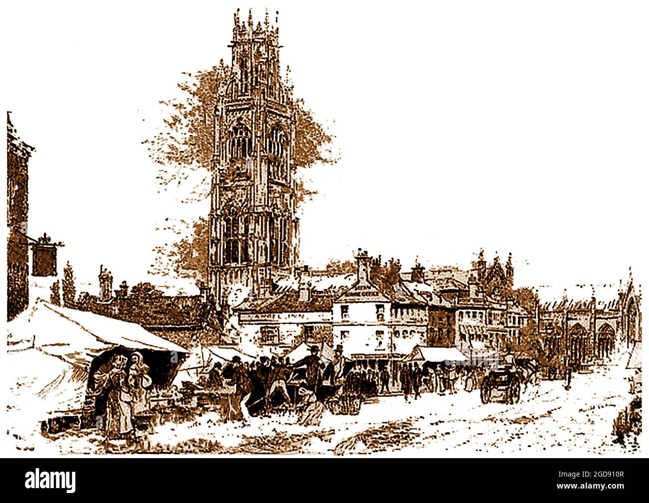 Ein alter Stich aus dem Jahr 1890 des Marktfleckens Boston, Licolnshire, England mit Boston Stump (St. Botolph's Pfarrkirche Turm) und dem Angel Inn in der Mitte. Der Turm (266 Fuß 9 Zoll (81.31 m) hoch) diente seit Jahrhunderten als Wahrzeichen von Land und Meer und ist einer der höchsten mittelalterlichen Türme des Landes. Heiliger Botolph, auch bekannt als Botwulf von Thorney, Botulph & Botulf; (gestorben um 680) und war ein englischer Abt und schutzpatron der Grenzen, Grenzen, Handelsreisen und landwirtschaftlichen Aktivitäten. Stockfoto