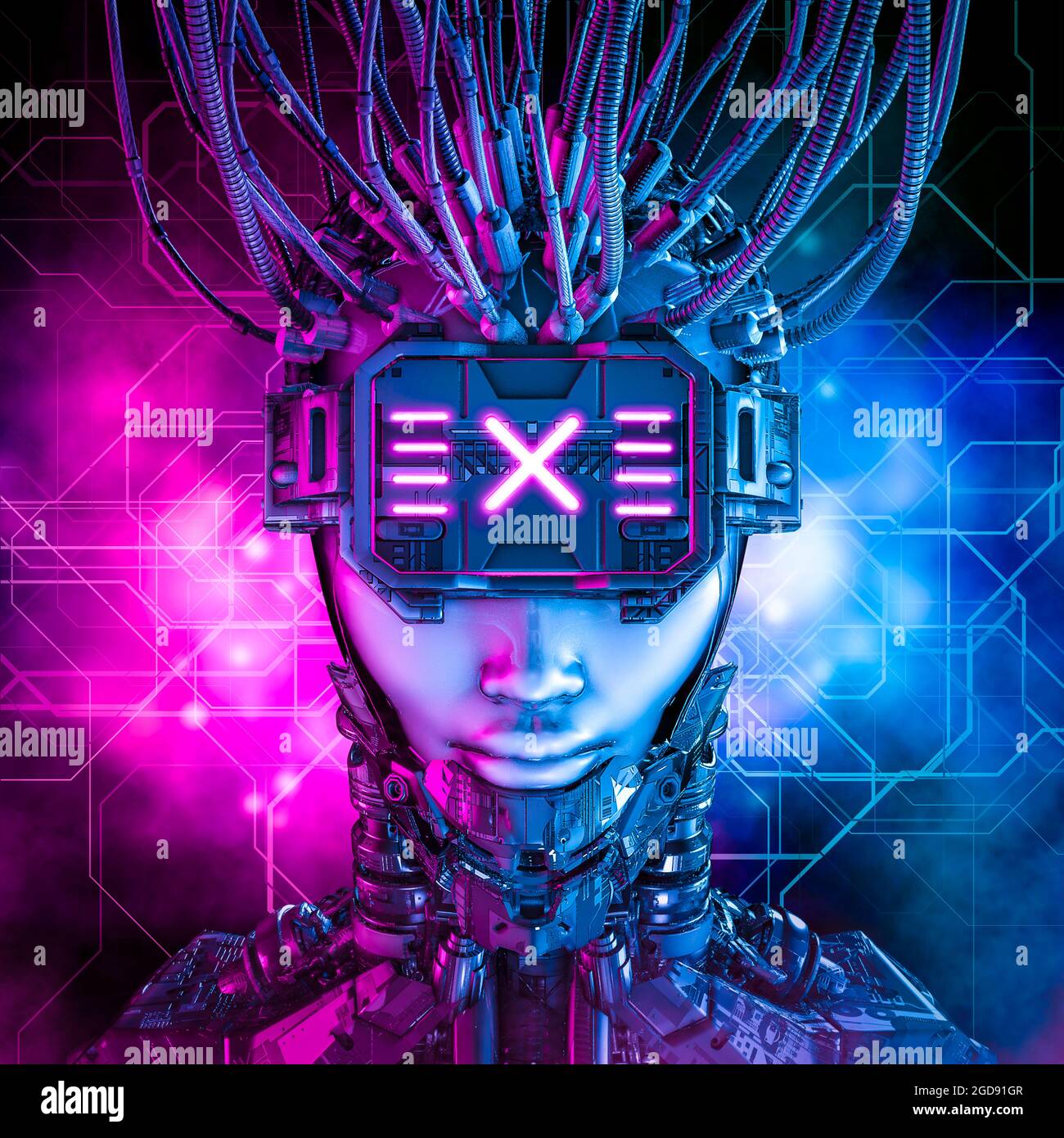 Hardwired Cyberpunk female android - 3D-Illustration von Science-Fiction-Roboter-Mädchen trägt futuristische Virtual-Reality-Brille Stockfoto