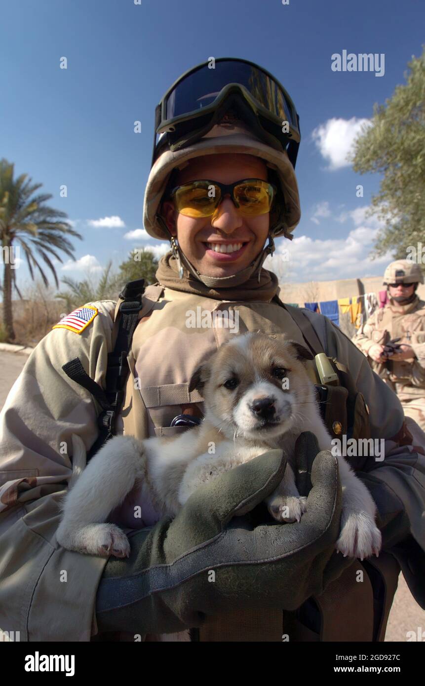 Ein Soldat der Louisiana Army National Guard (LAARNG) mit dem 256. Brigade Combat Team (BCT), 2. Bataillon, spielt mit einem Welpen, der an einem unbekannten Ort in der Nähe von Bagdad im Irak (IRQ) gefunden wurde, um die Operation IRAQI FREEDOM zu unterstützen. (US NAVY FOTO VON PH1 (AW) BRIEN AHO 050205-N-5319A-012) Stockfoto