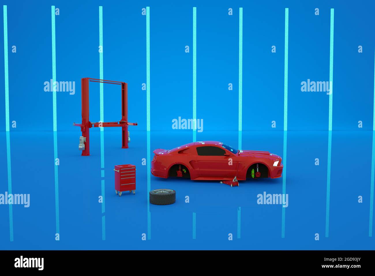 3d-Modell eines roten Autos auf blauem isoliertem Hintergrund in einer Werkstatt in Reparatur. Realistisches rotes isometrisches Auto auf blauem Hintergrund. Teile für die Reparatur von Th Stockfoto