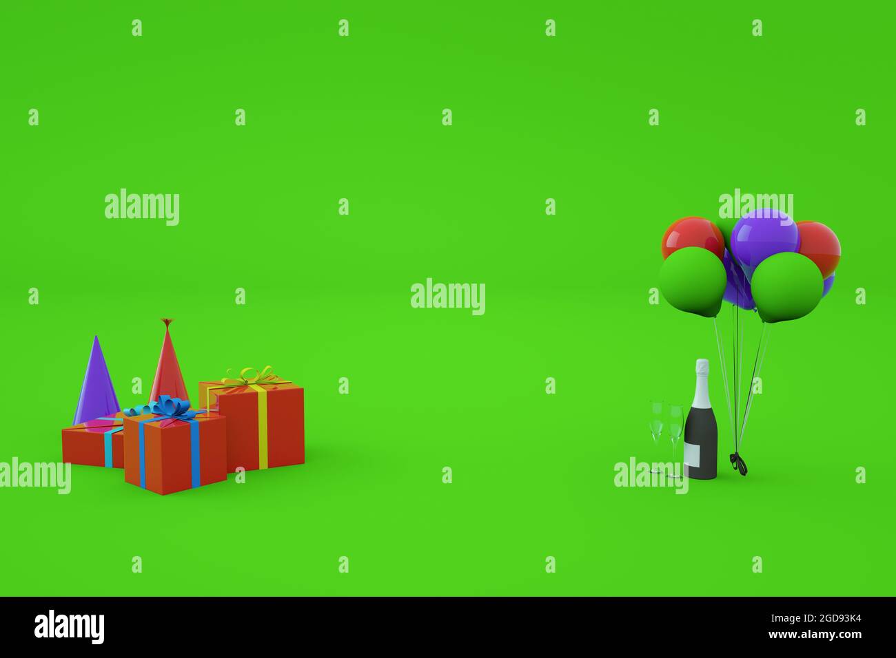 3d-Modelle von festlichen mehrfarbigen Geschenkboxen mit Geschenken und Bändern, Festtagskappen, Luftballons und Champagner. Festliche Einrichtung auf einem isolierten grünen Hintergrund Stockfoto